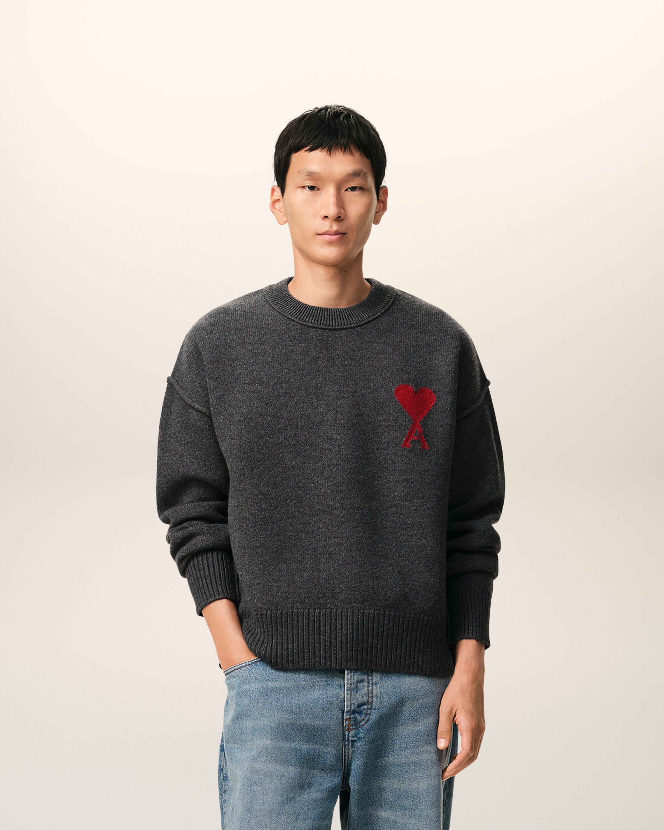 HEATHER GREY/RED Grey Wool Ami De Coeur Crewneck Sweater | AMI PARIS