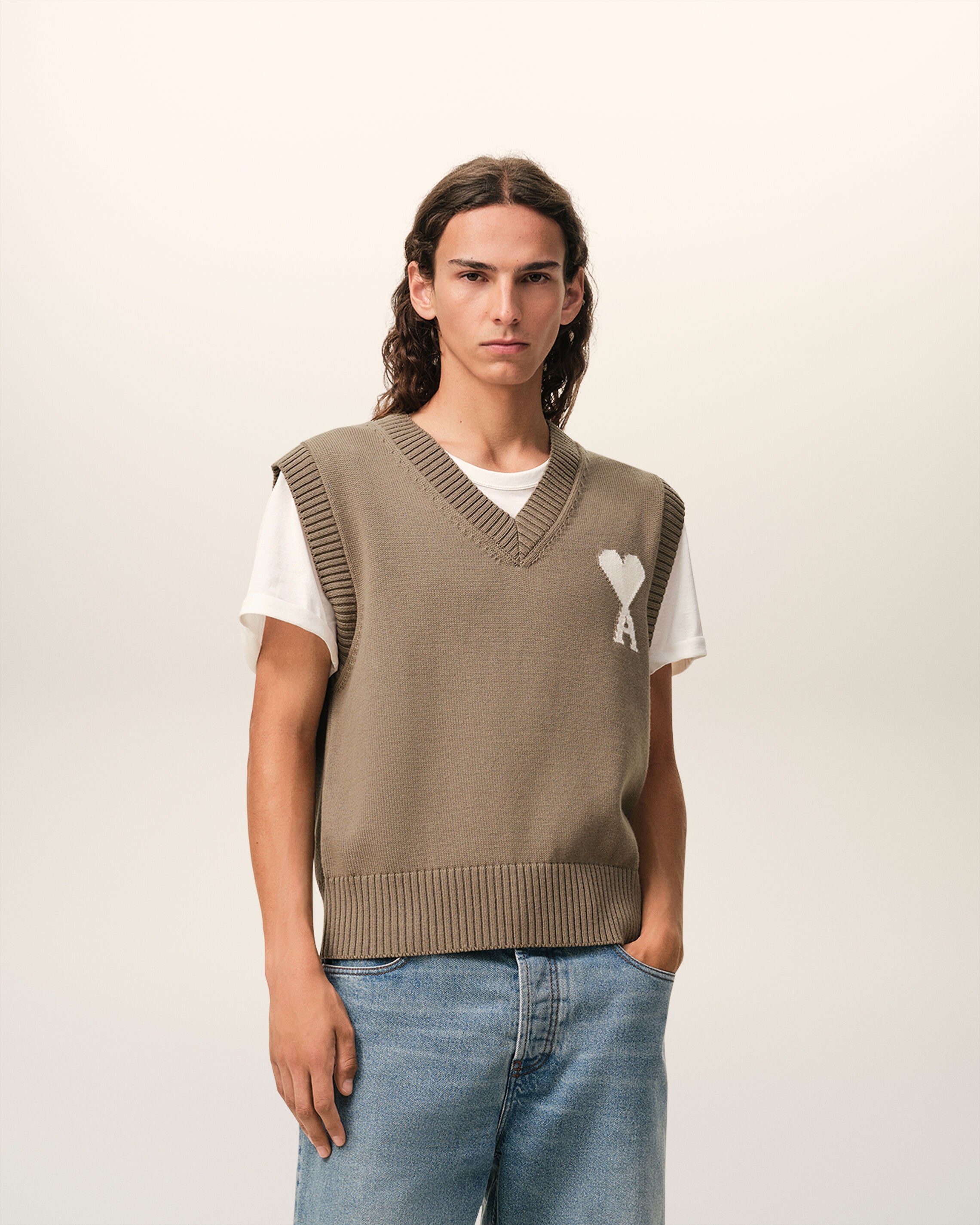 TAUPE BEIGE/OFF WHITE Beige Wool And Cotton Sleeveless Ami De Coeur Sweater | Ami Paris