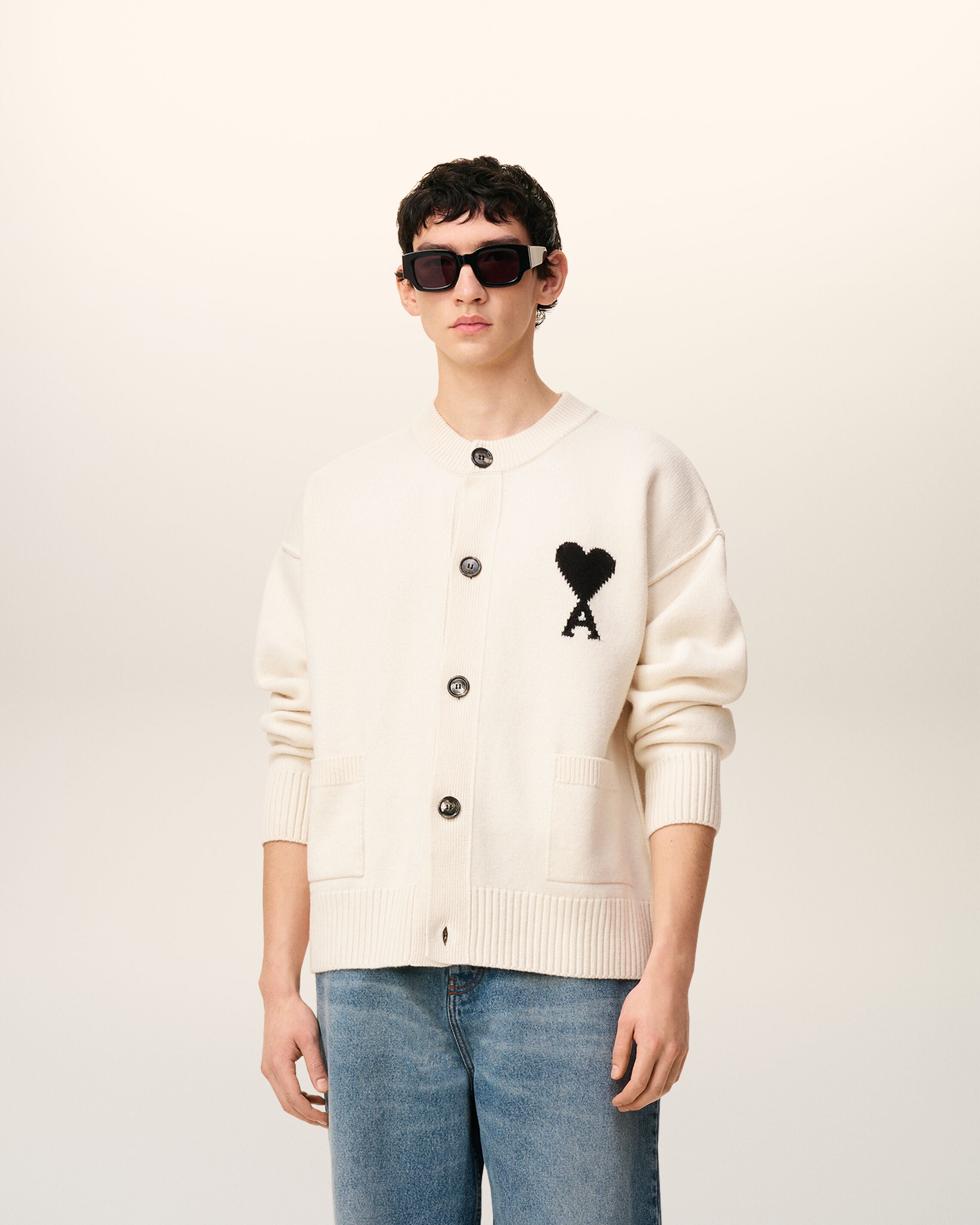 OFFWHITE/BLACK White Wool Ami De Coeur Cardigan | AMI PARIS