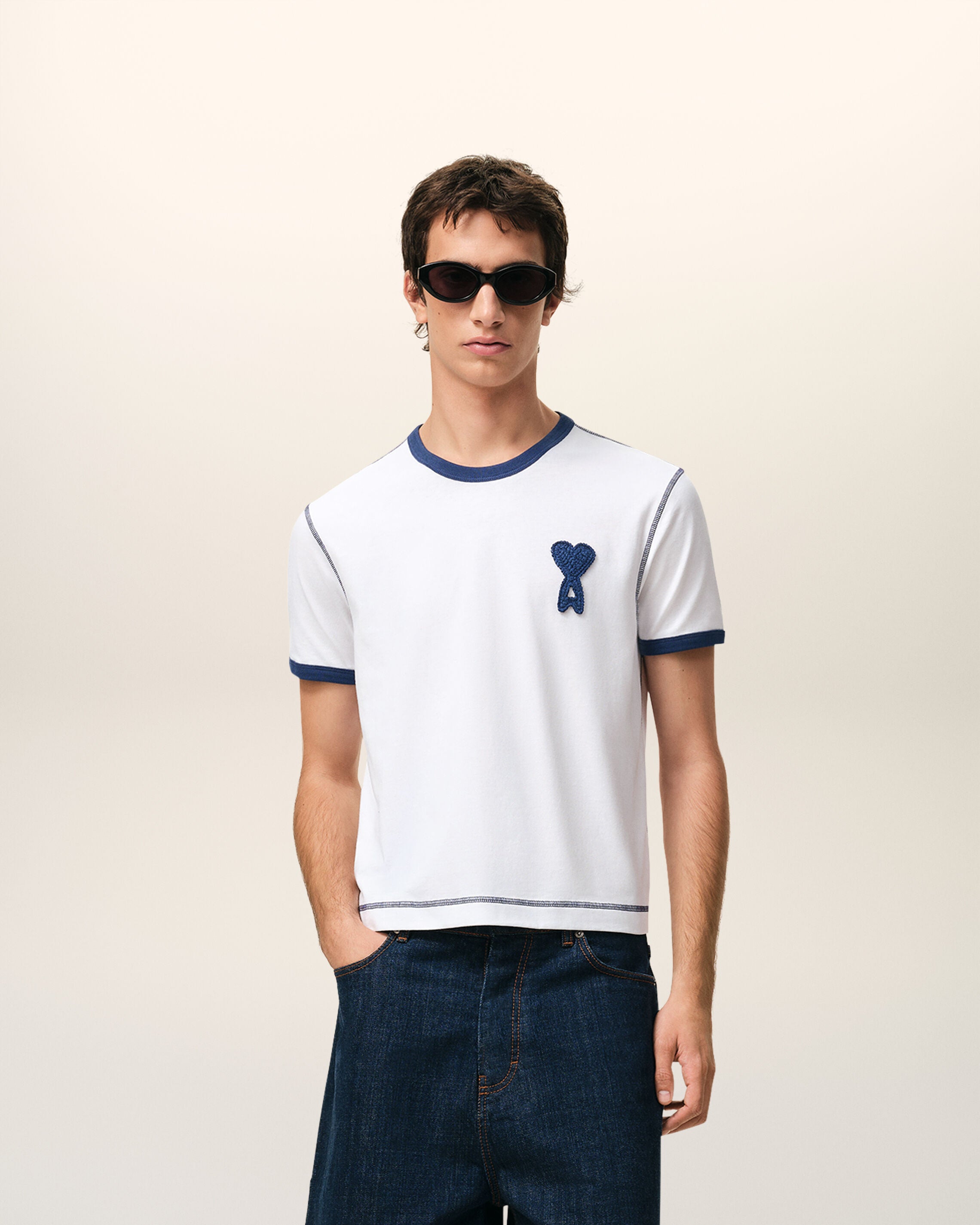 WHITE/INK White Cotton Ami De Coeur Knitted Patch T-shirt | Ami Paris