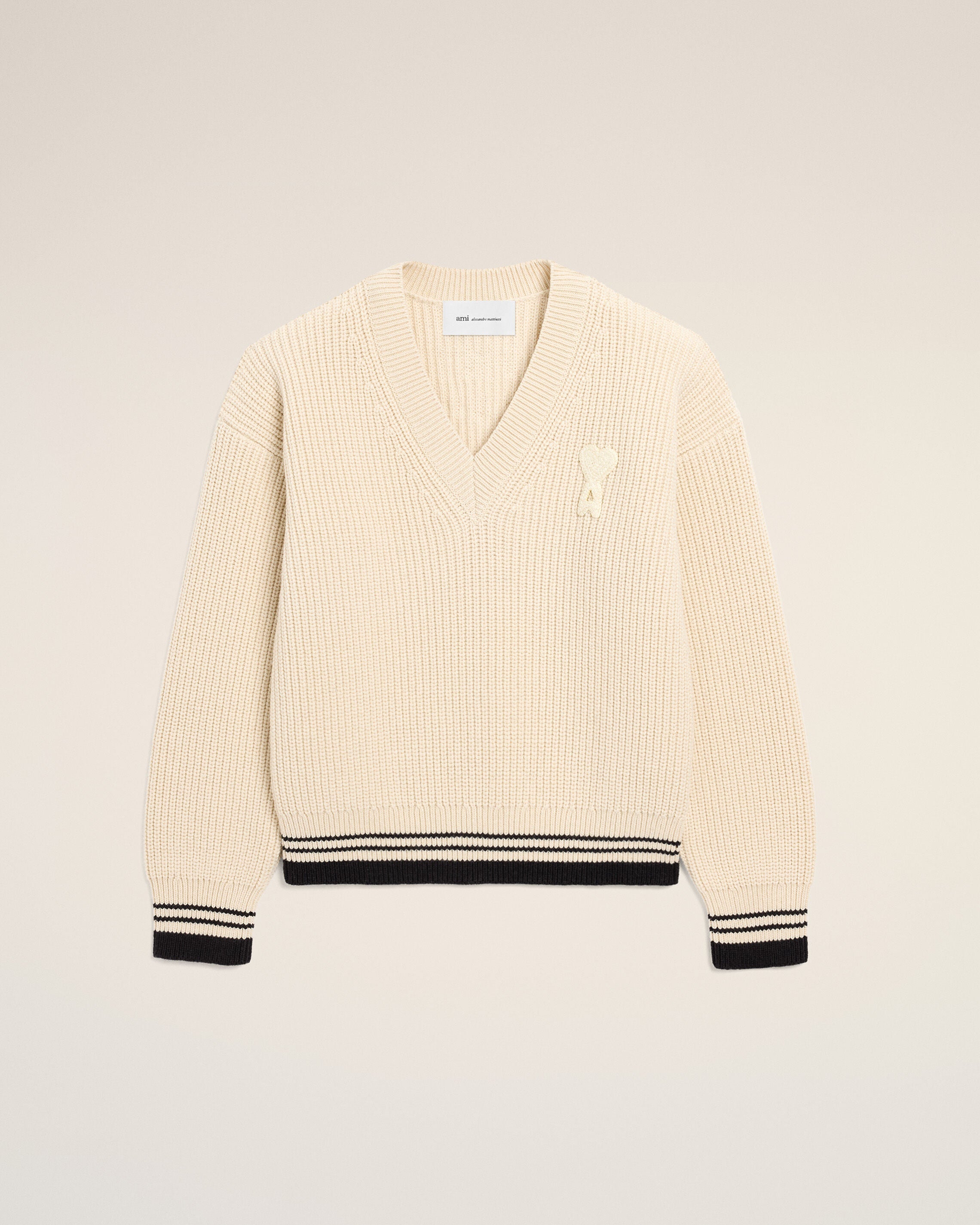 WHITE CREAM White Ribbed Wool V Neck Ami De Coeur Sweater | Ami Paris