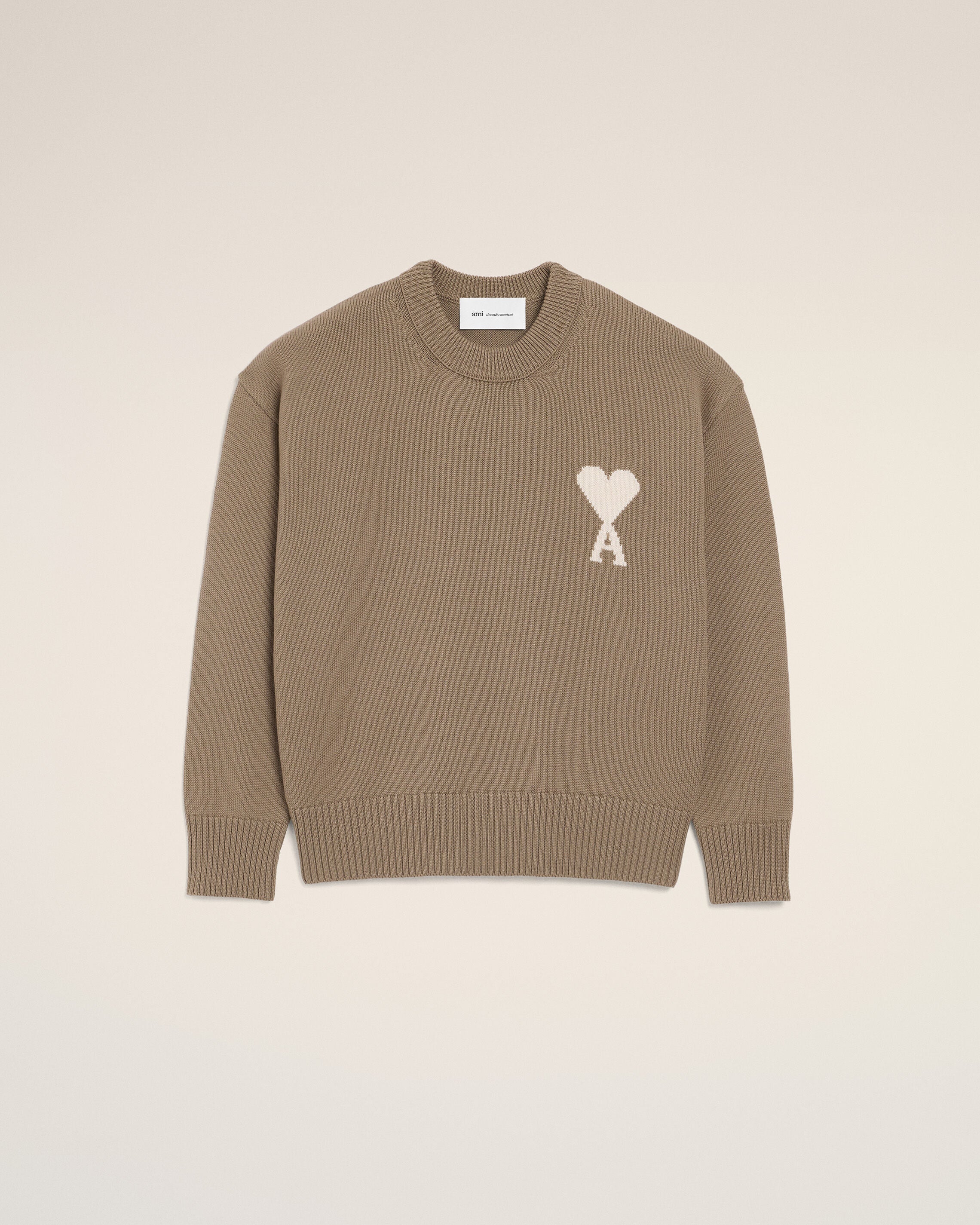 TAUPE BEIGE/OFF WHITE Beige Wool And Cotton Crewneck Ami De Coeur Sweater | Ami Paris