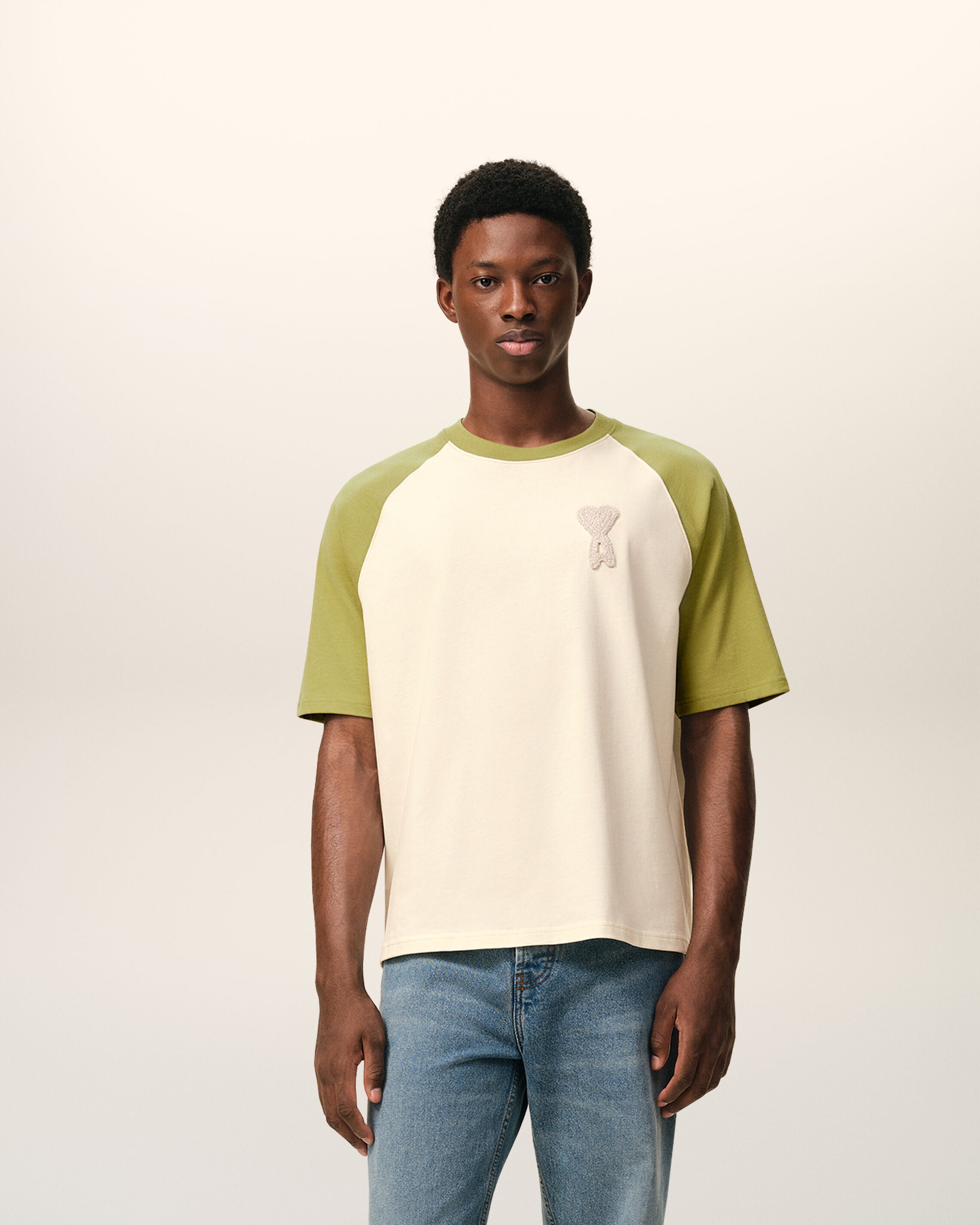 WHITE CREAM/MATCHA White And Green Cotton Ami De Coeur Knitted Patch T-shirt | Ami Paris