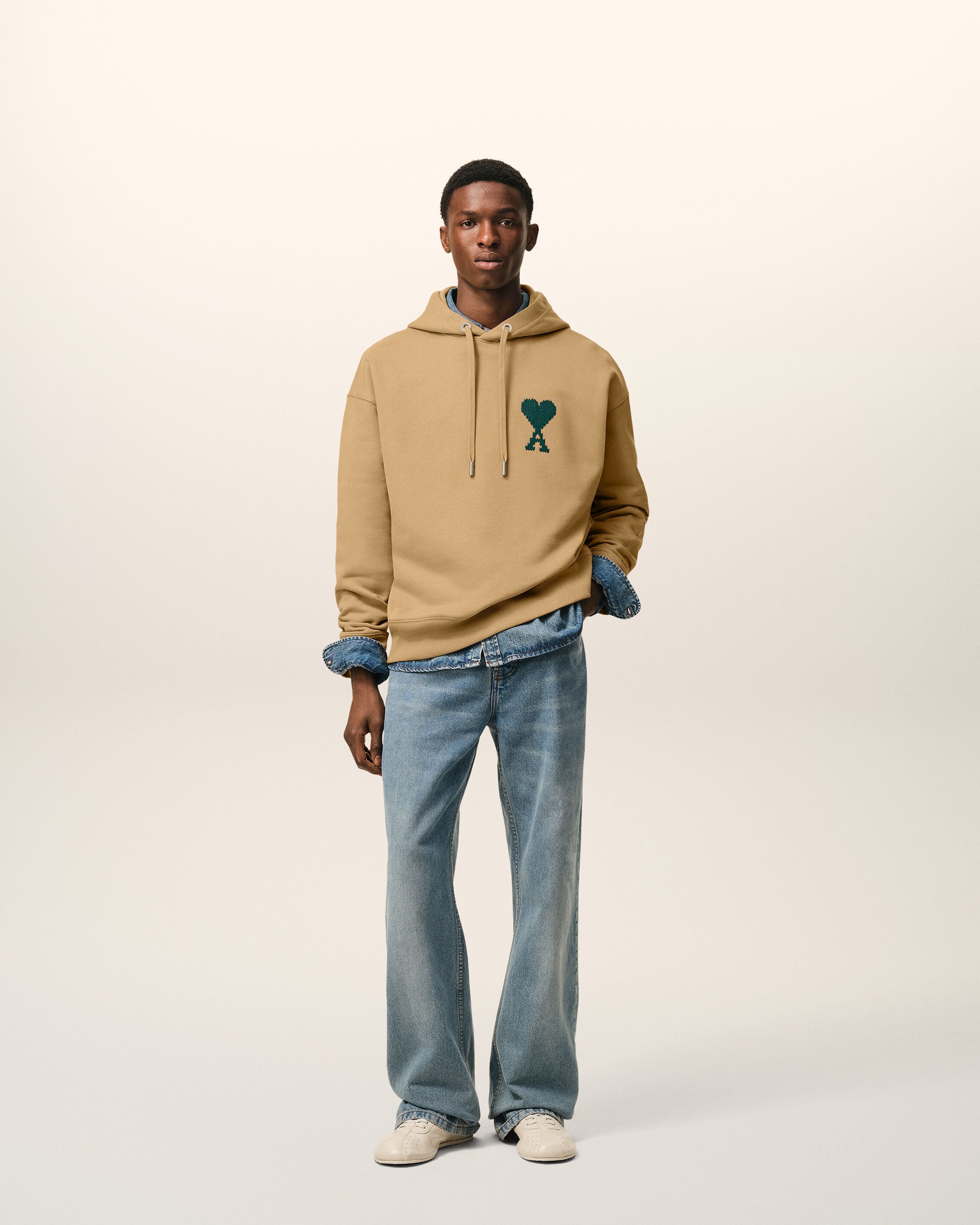 CAMEL / EVERGREEN Beige Cotton Ami De Coeur Hoodie | Ami Paris