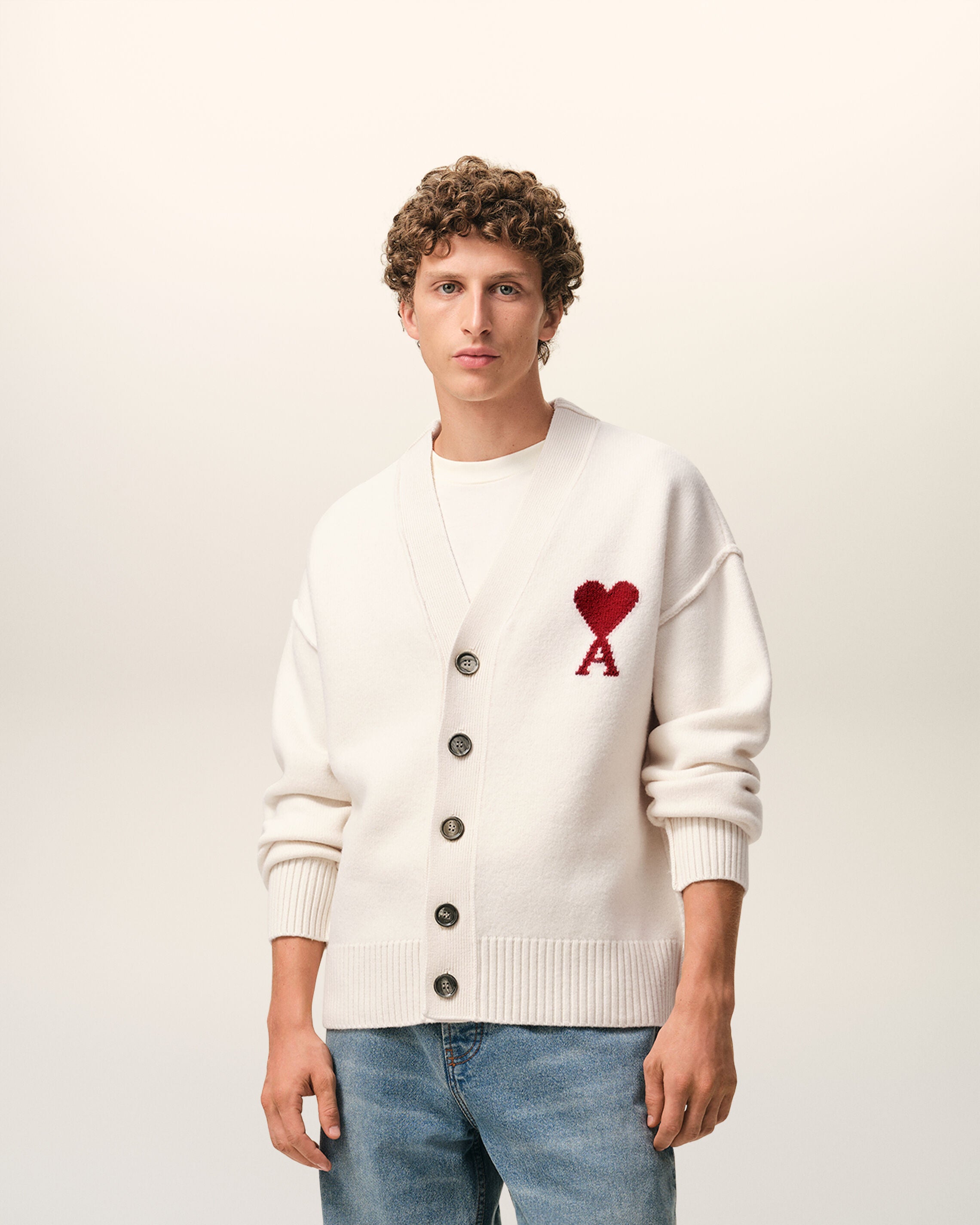 OFF WHITE/ RED White Wool Ami De Coeur Cardigan | AMI PARIS