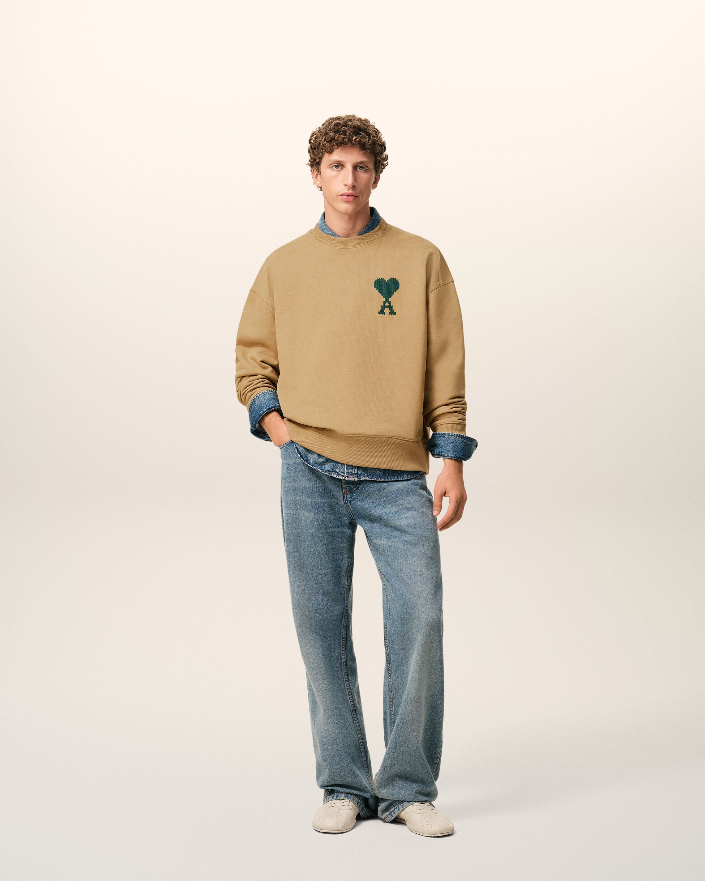 CAMEL / EVERGREEN Beige Cotton Ami De Coeur Sweatshirt | Ami Paris