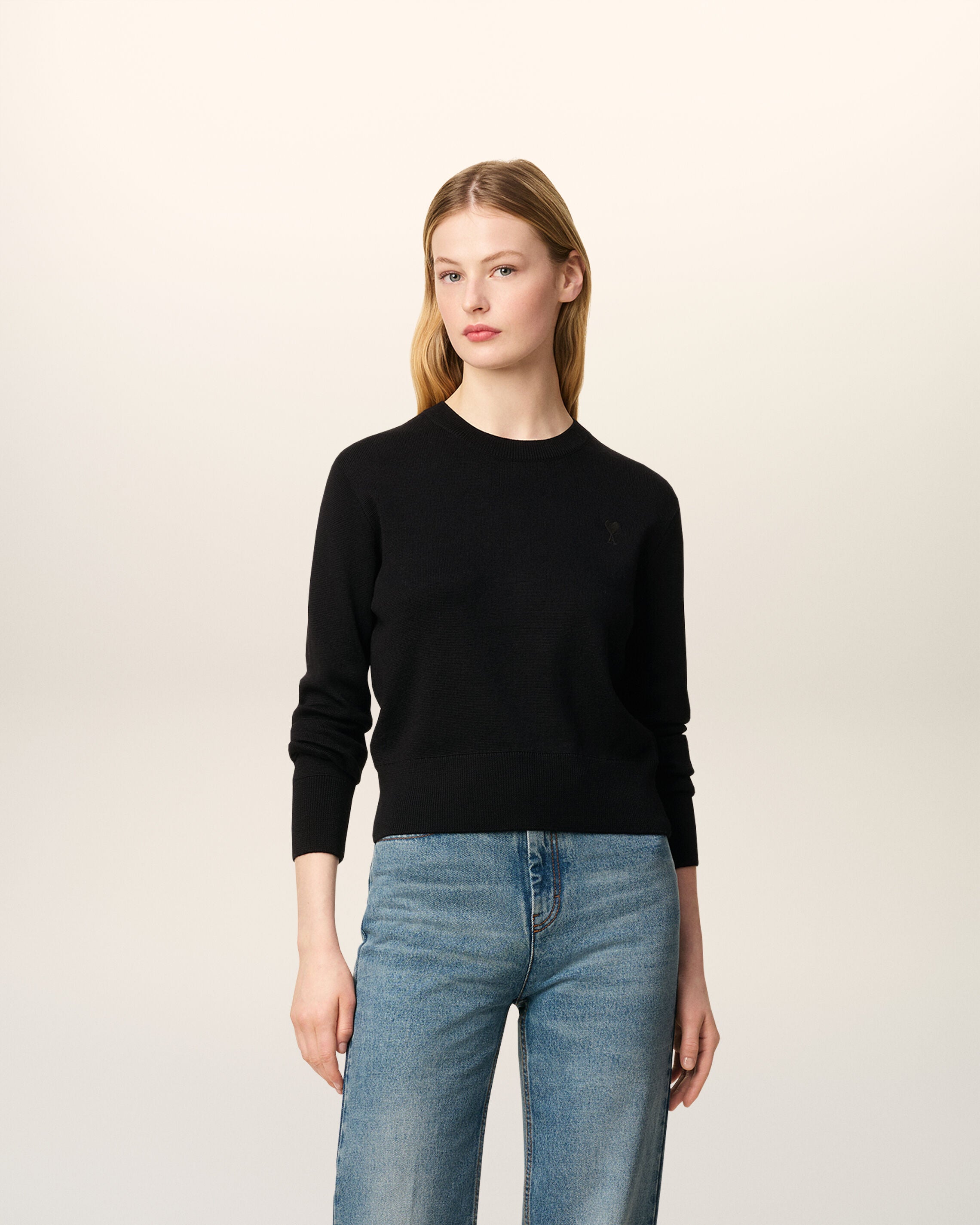 BLACK/BLACK Black Wool Ami De Coeur Crewneck Sweater | AMI PARIS