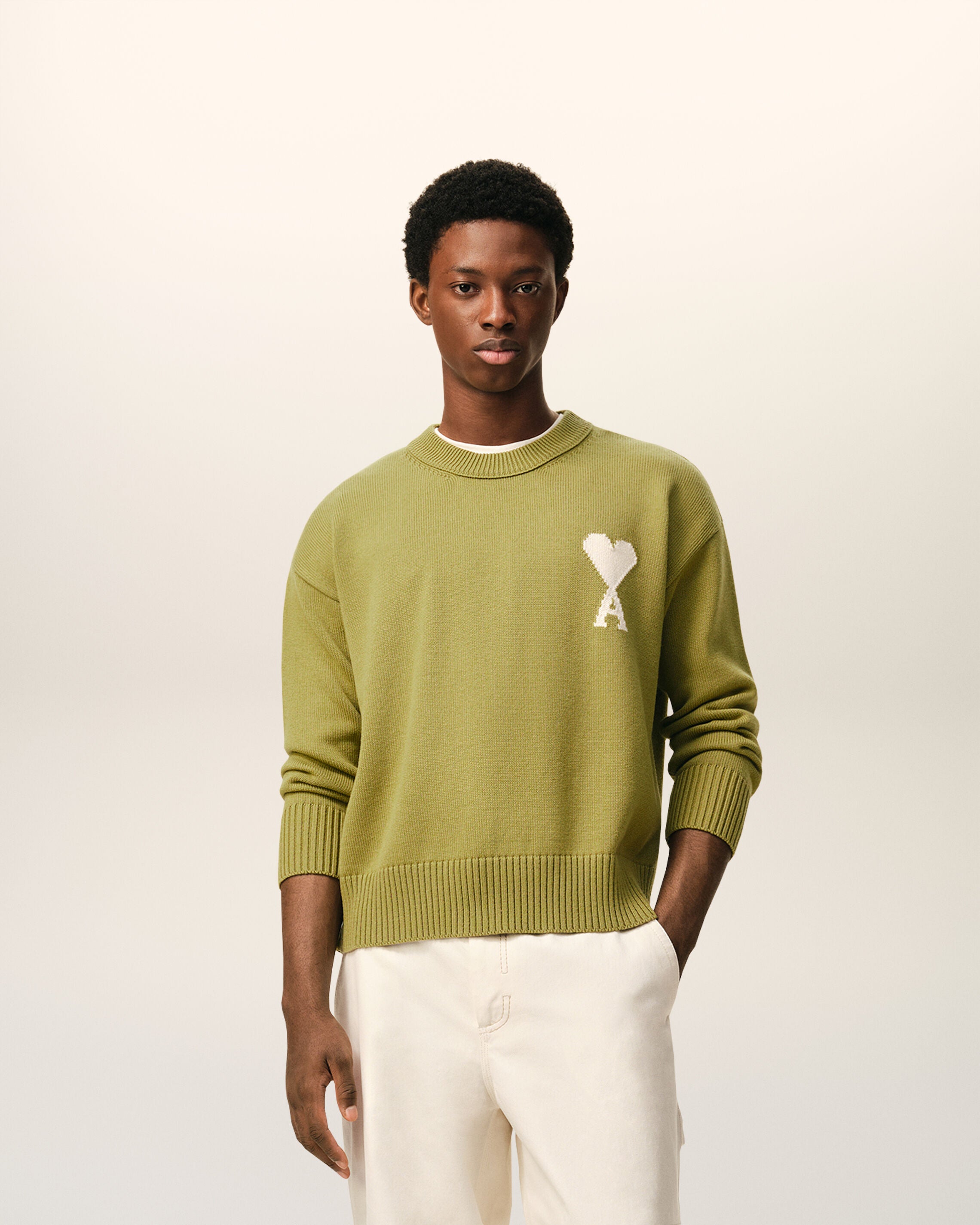 MATCHA/OFF WHITE Green Wool And Cotton Crewneck Ami De Coeur Sweater | Ami Paris