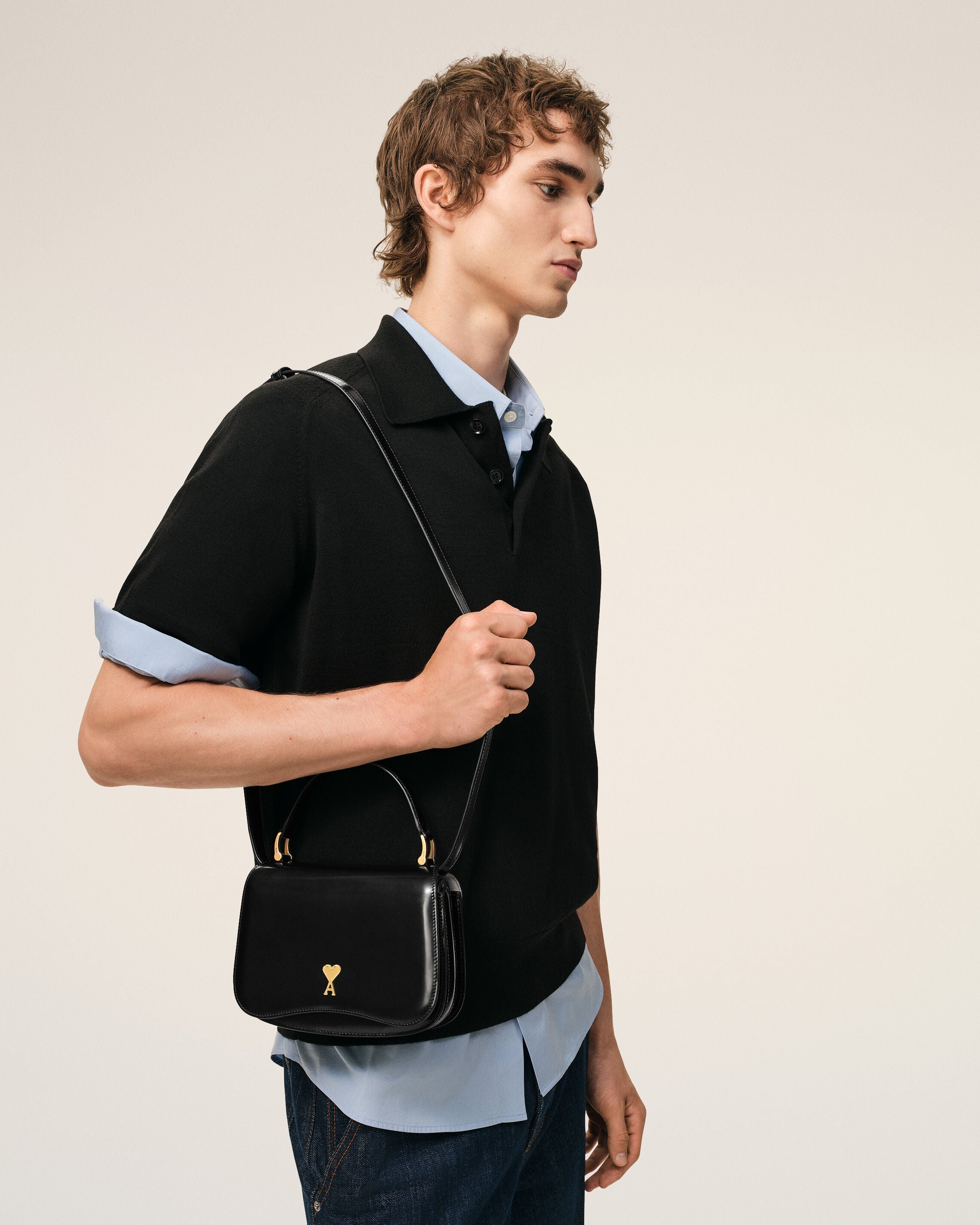 BLACK Black Glazed Leather Top Handle Paris Paris Bag | AMI PARIS