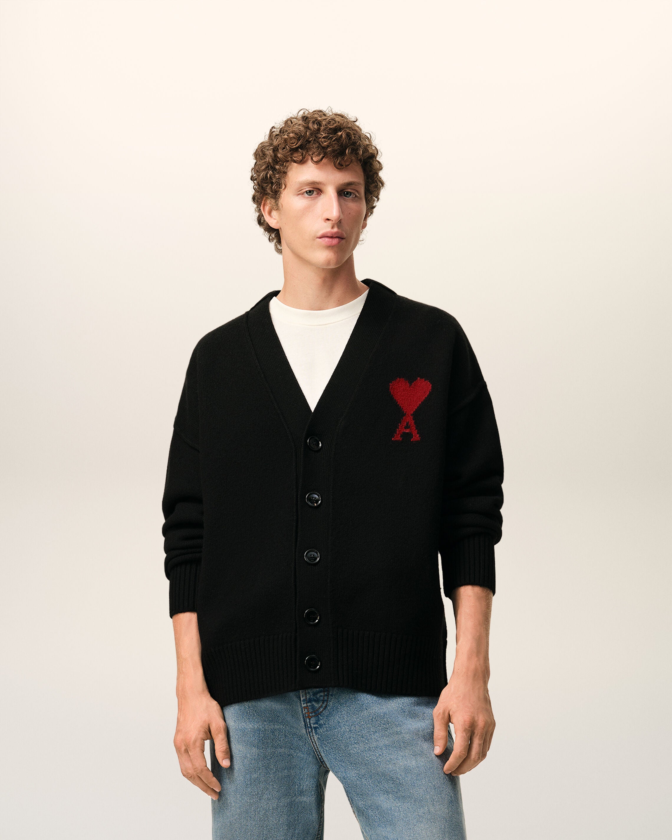 BLACK/RED Black Wool Ami De Coeur Cardigan | AMI PARIS