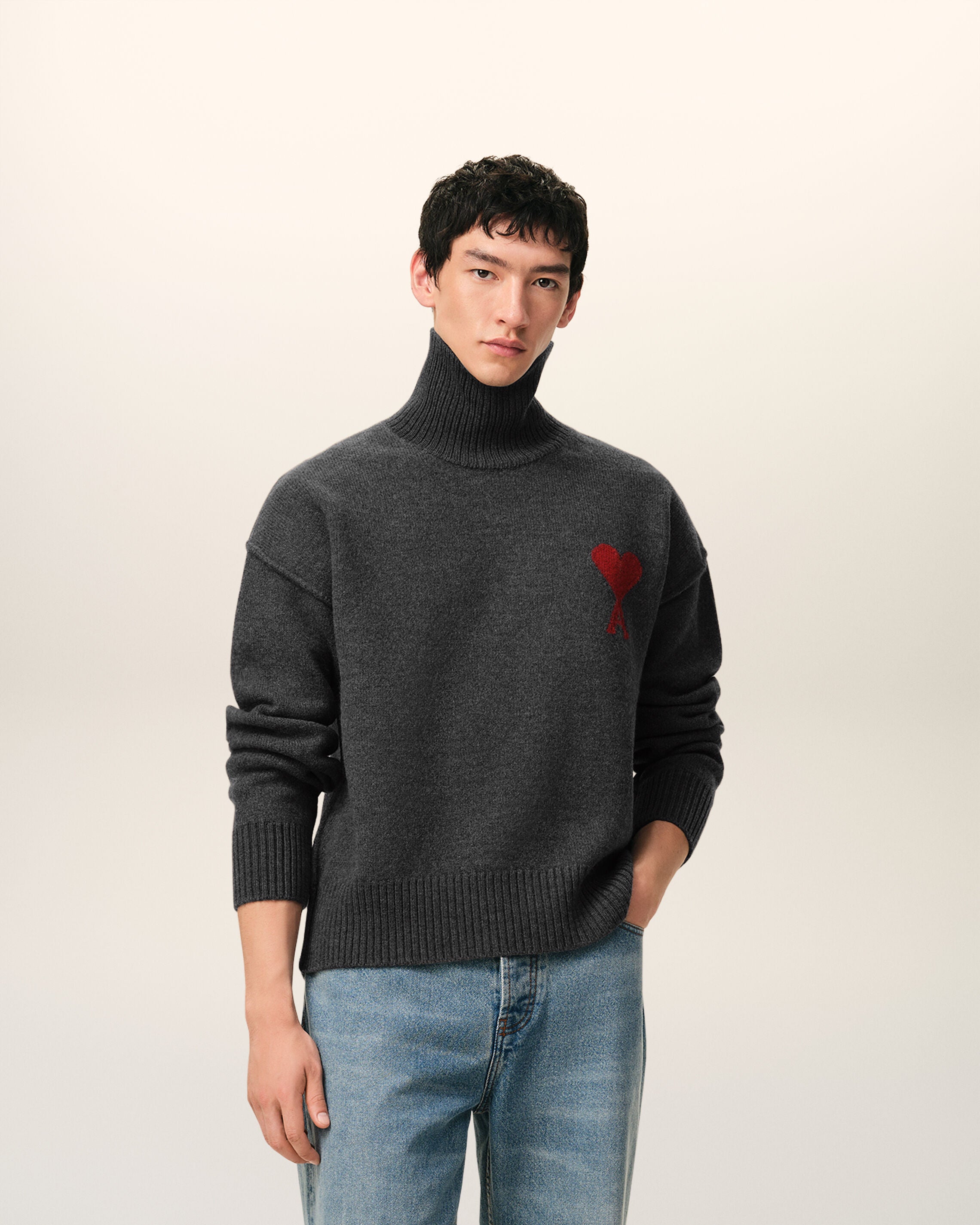 HEATHER GREY/RED Grey Wool Ami De Coeur Funnel Neck Sweater | AMI PARIS