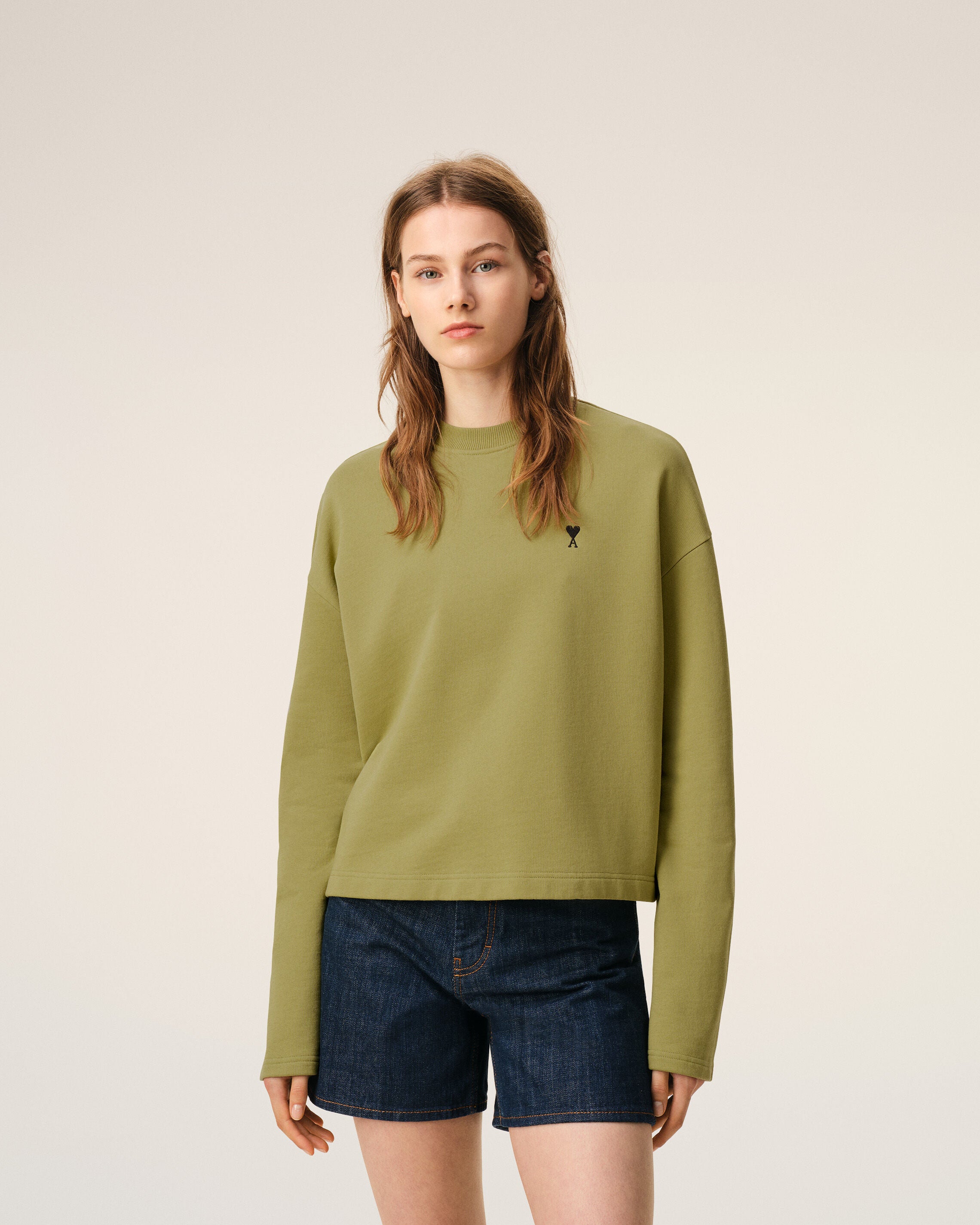 MATCHA Green Cotton Ami De Coeur Cropped Sweatshirt | Ami Paris
