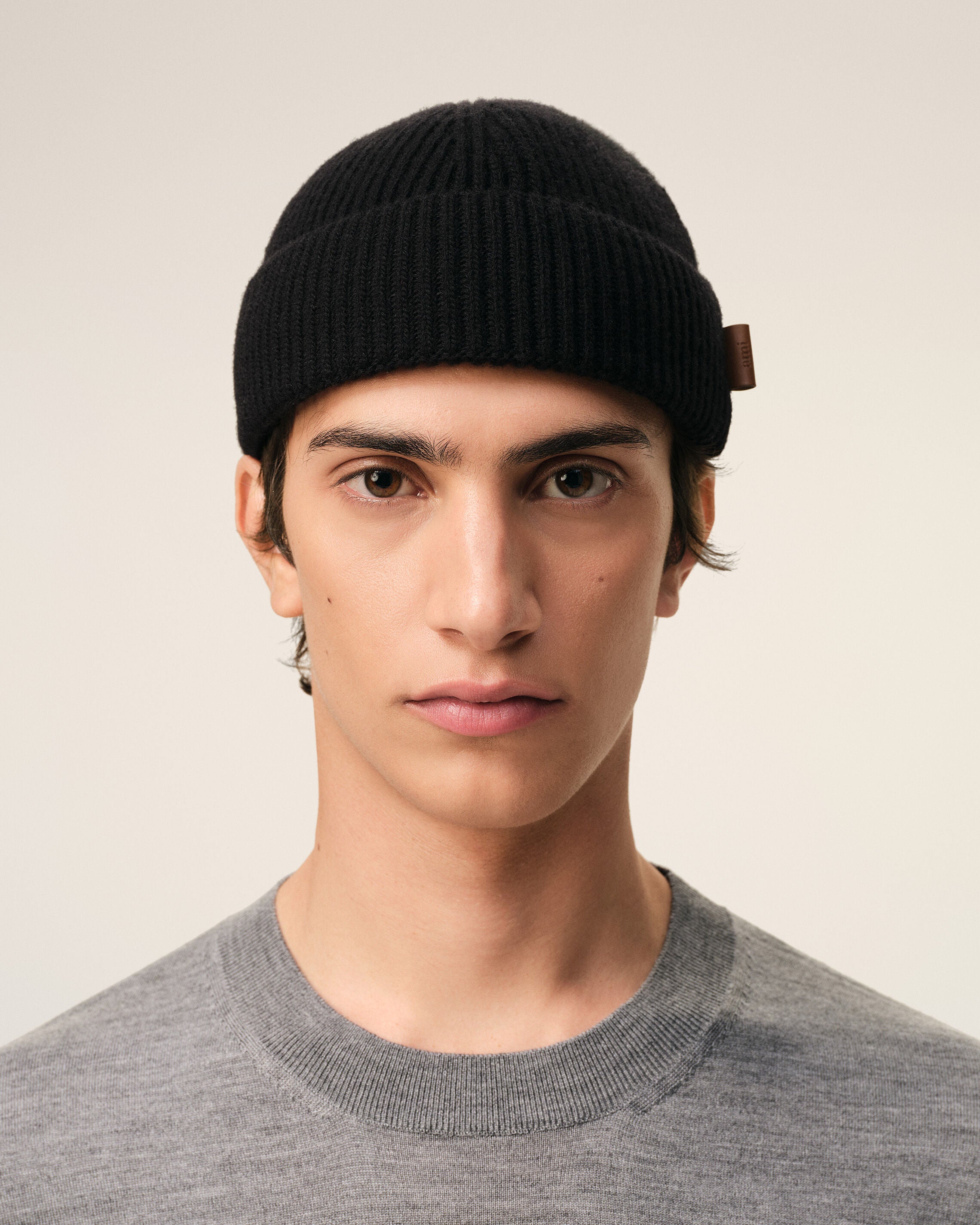 BLACK Black Wool Ami Leather Label Beanie | Ami Paris