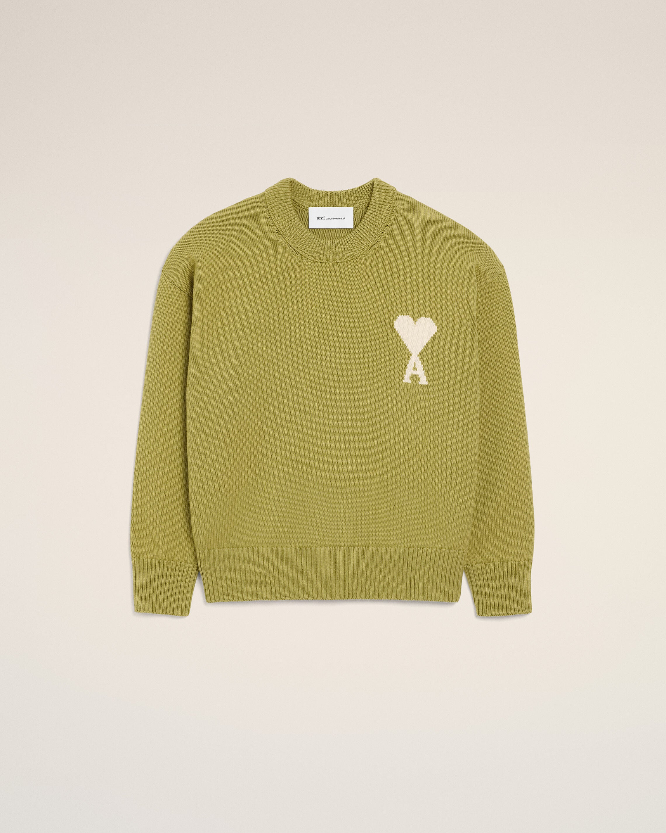 MATCHA/OFF WHITE Green Wool And Cotton Crewneck Ami De Coeur Sweater | Ami Paris