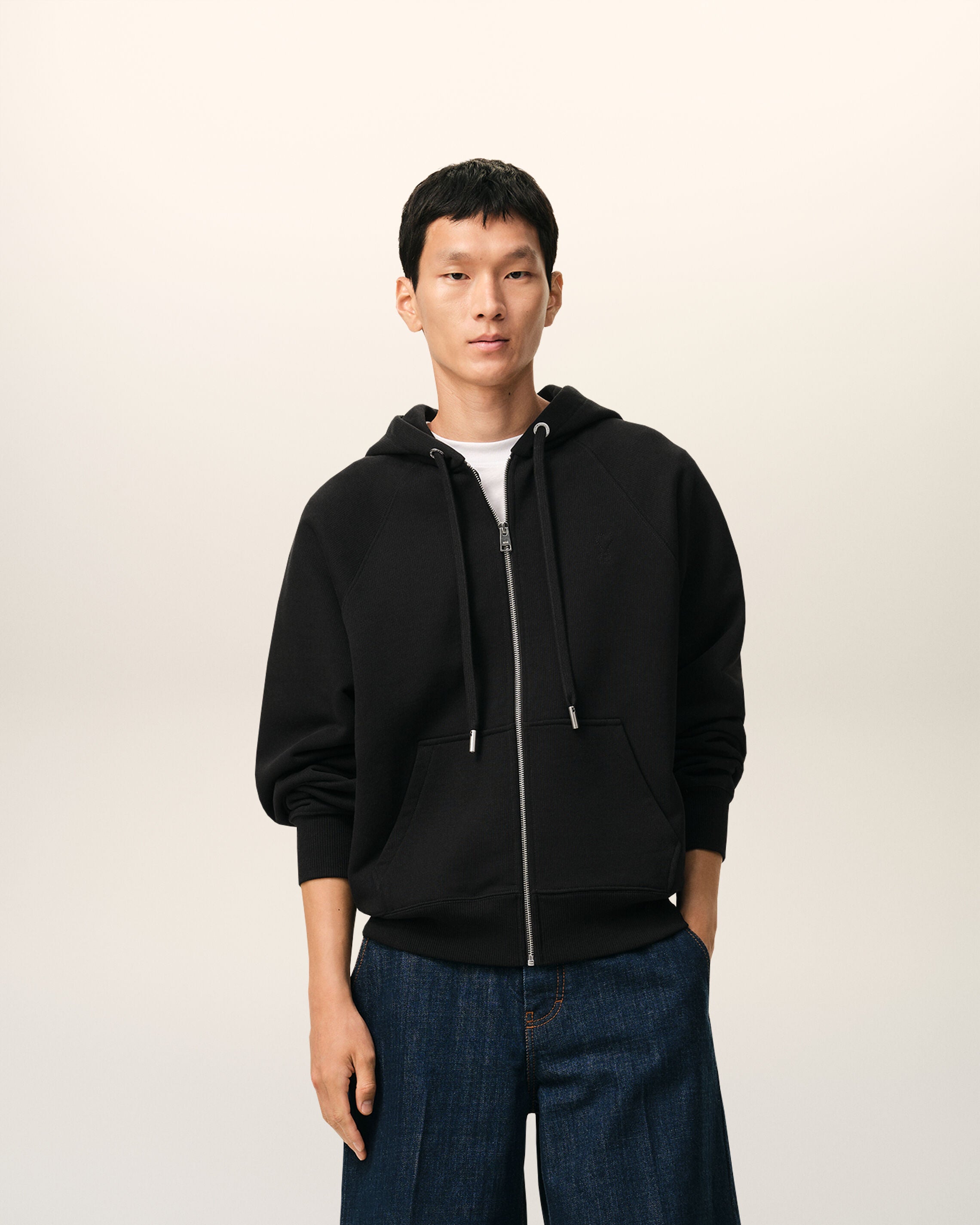 BLACK Black Cotton Zipped Ami De Coeur Hoodie | AMI PARIS