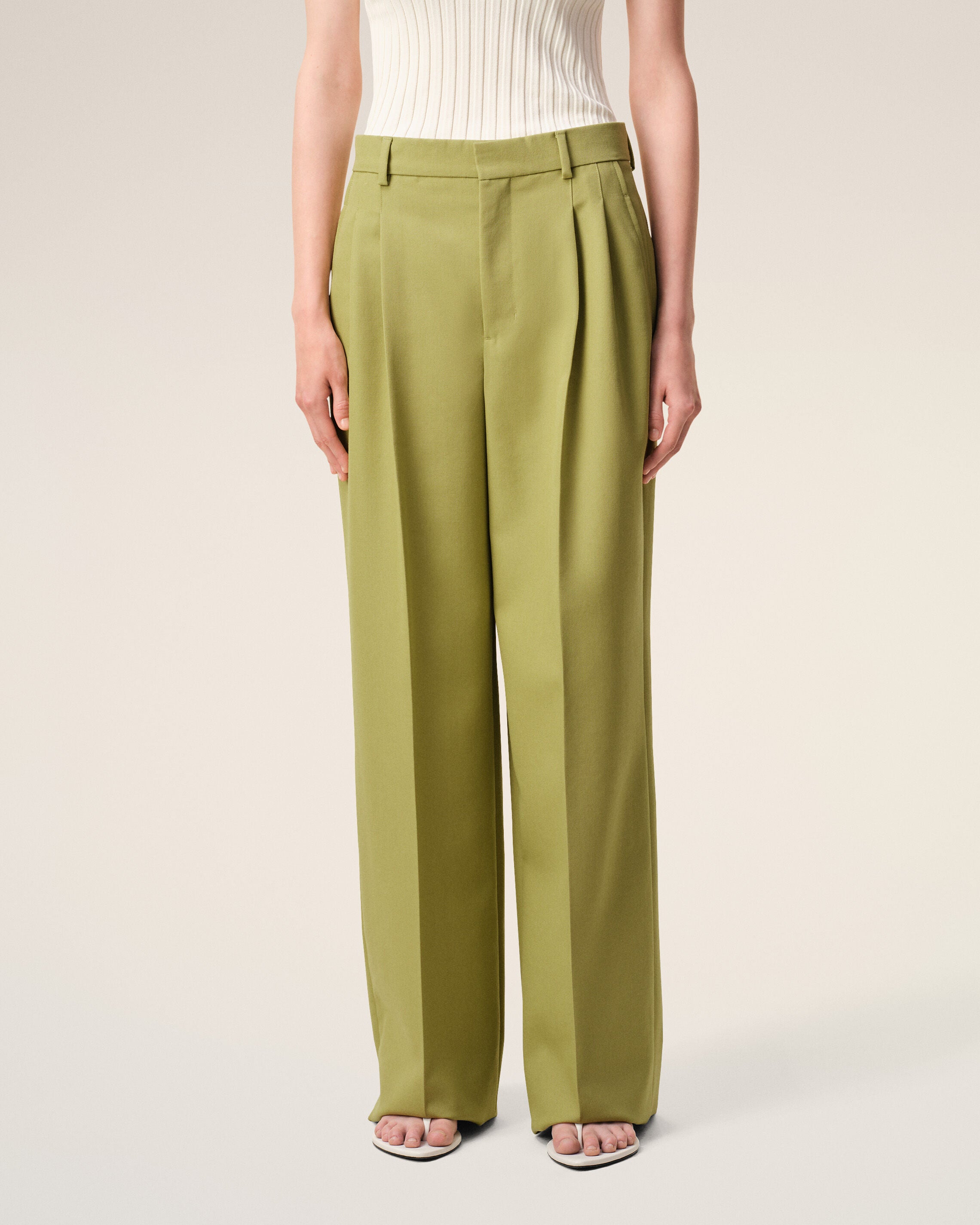 MATCHA Green New Wool Low Waist Wide Trousers | Ami Paris