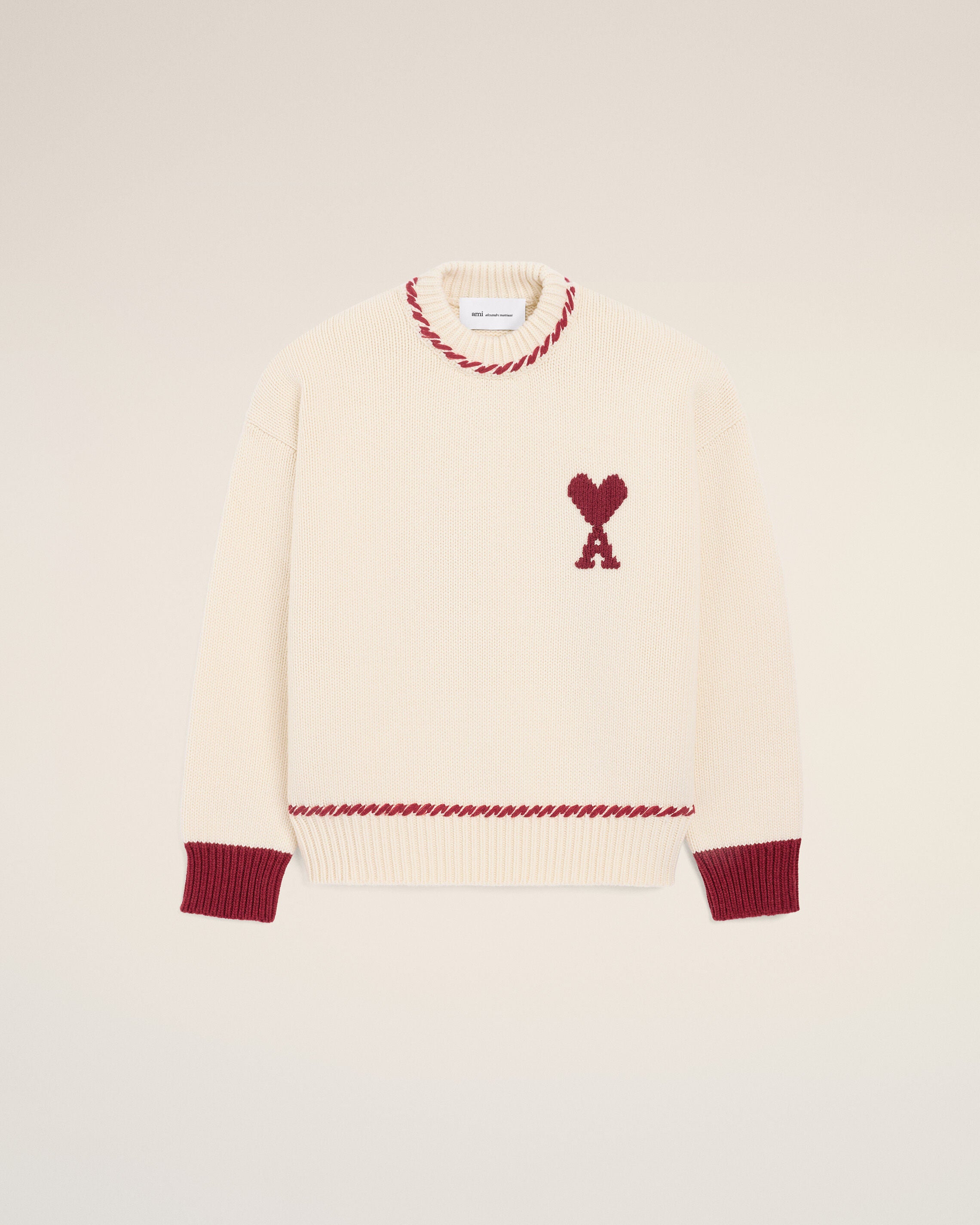 MOONLIGHT / SUNSET RED White Wool Ami De Coeur Crewneck Sweater | Ami Paris