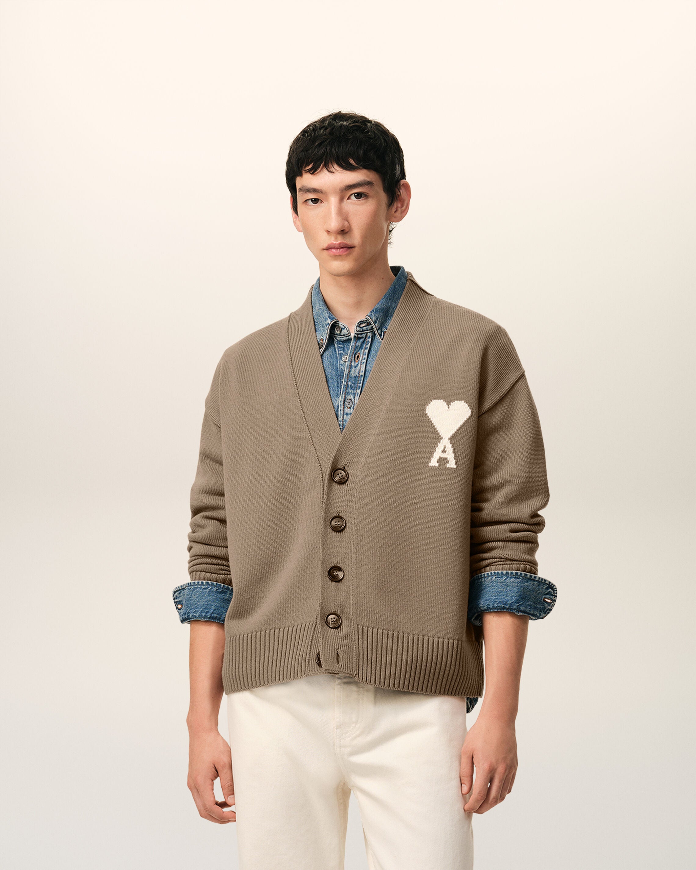 TAUPE BEIGE/OFF WHITE Beige Wool Ami De Coeur Cardigan | Ami Paris