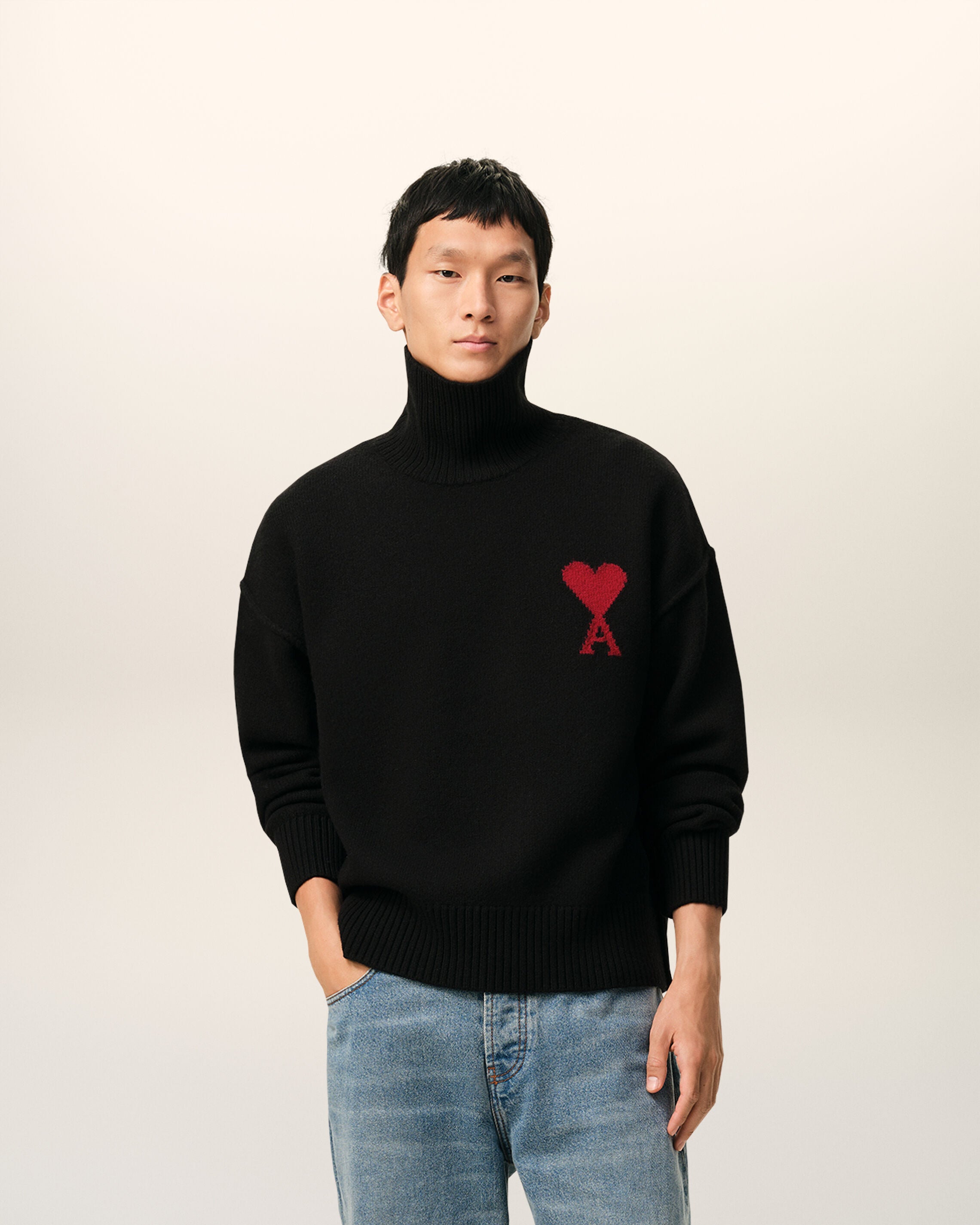 BLACK/RED Black Wool Ami De Coeur Funnel Neck Sweater | AMI PARIS