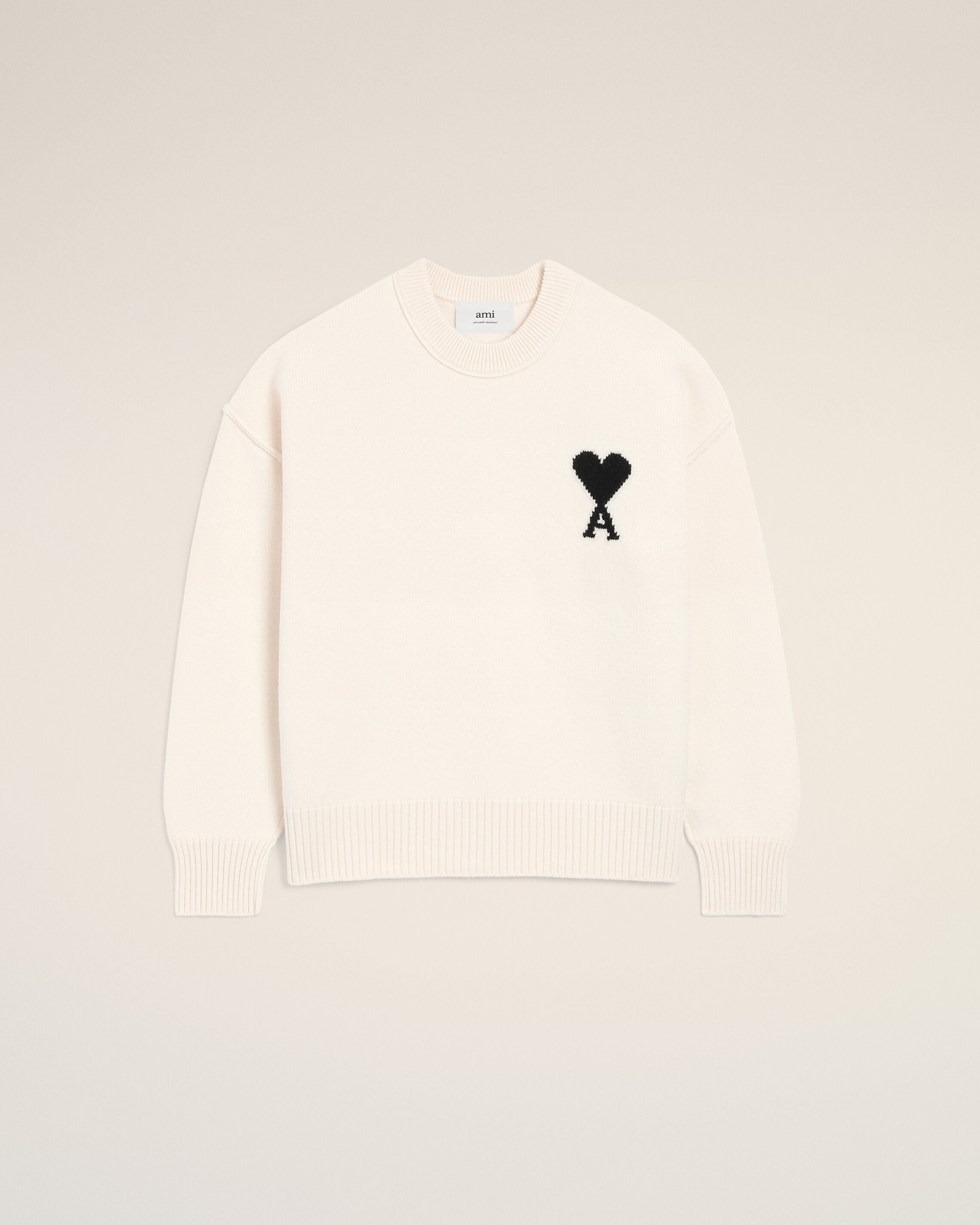OFFWHITE/BLACK White Wool Ami De Coeur Crewneck Sweater | AMI PARIS