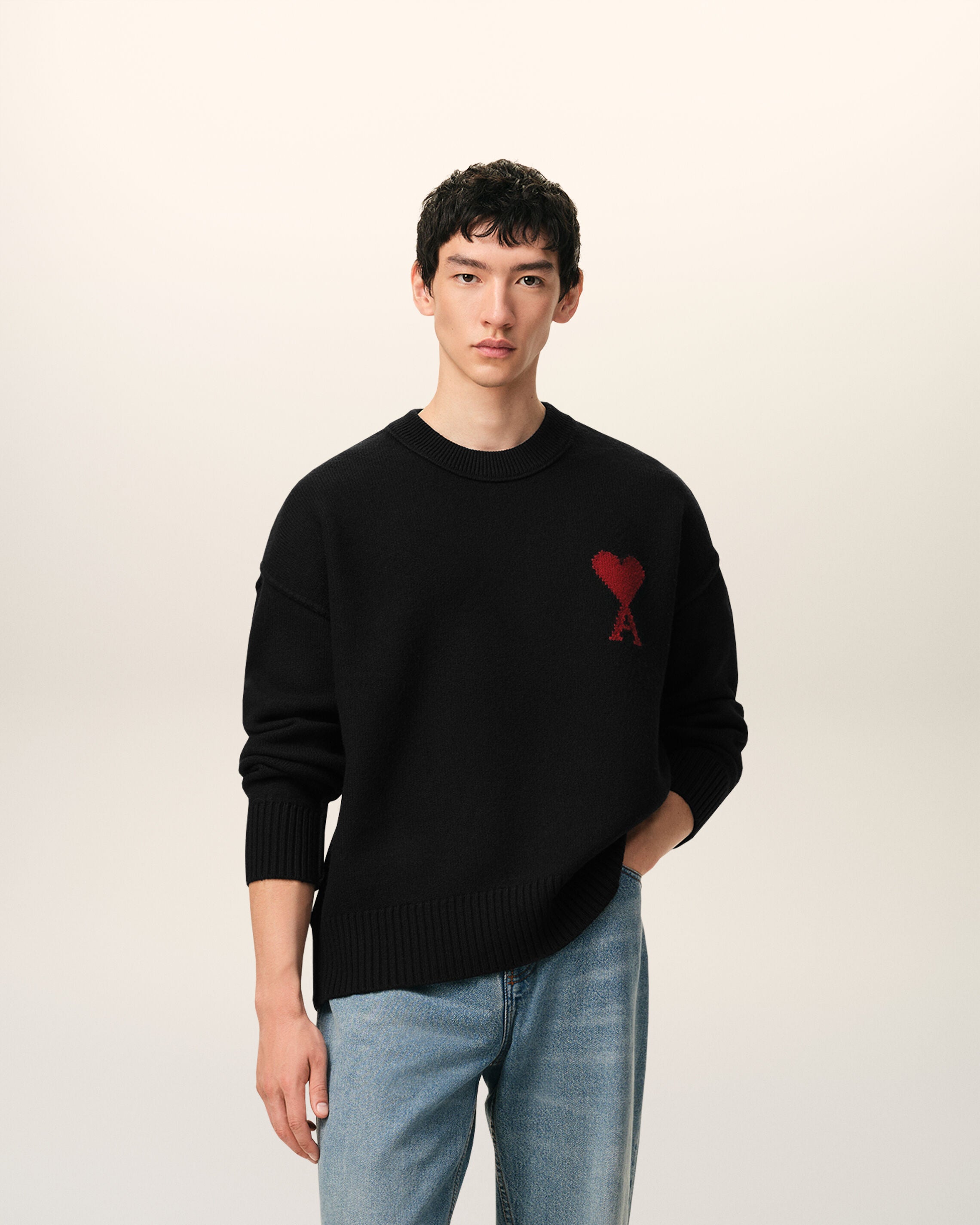 BLACK/RED Black Wool Ami De Coeur Crewneck Sweater | AMI PARIS