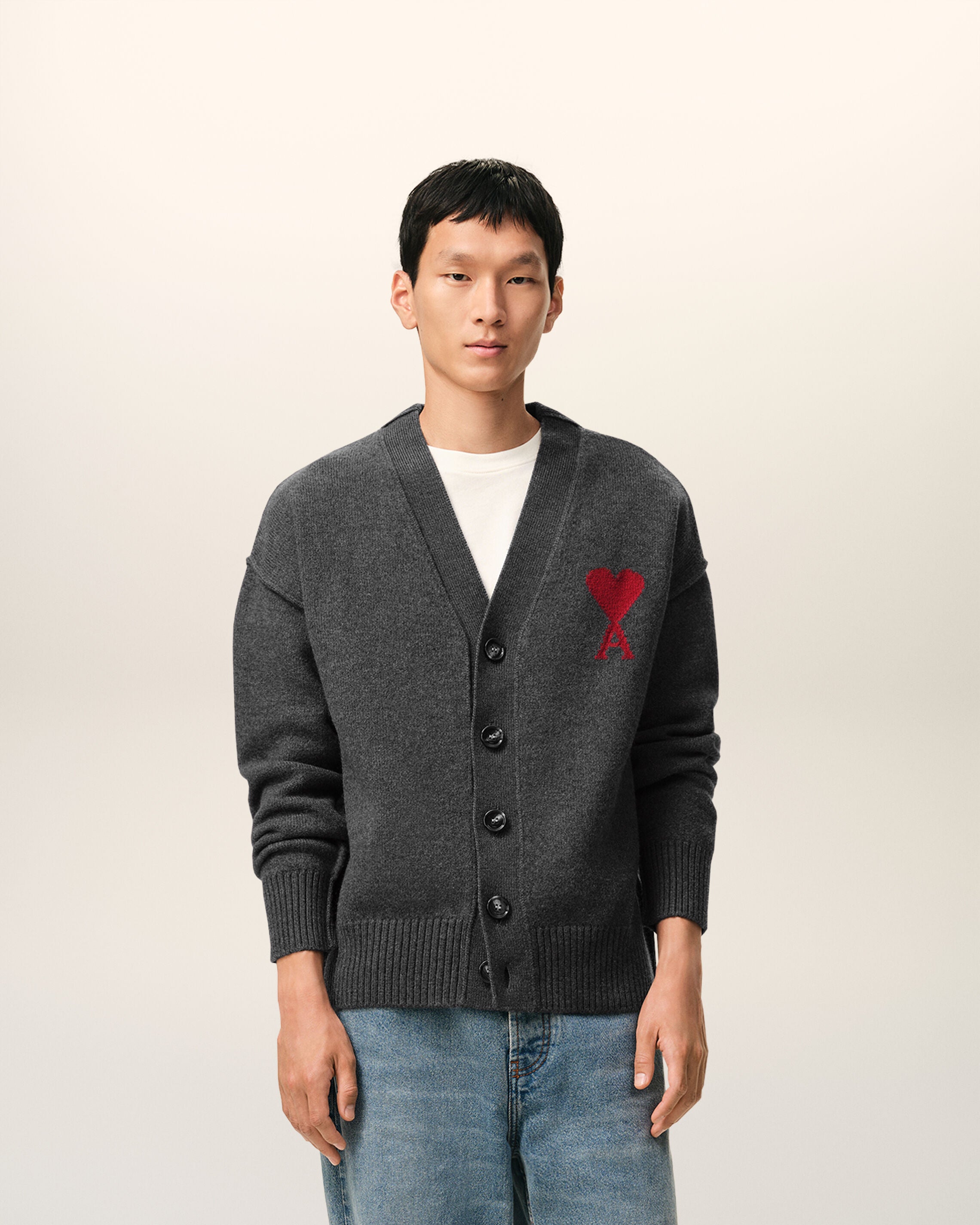 HEATHER GREY/RED Grey Wool Ami De Coeur Cardigan | AMI PARIS
