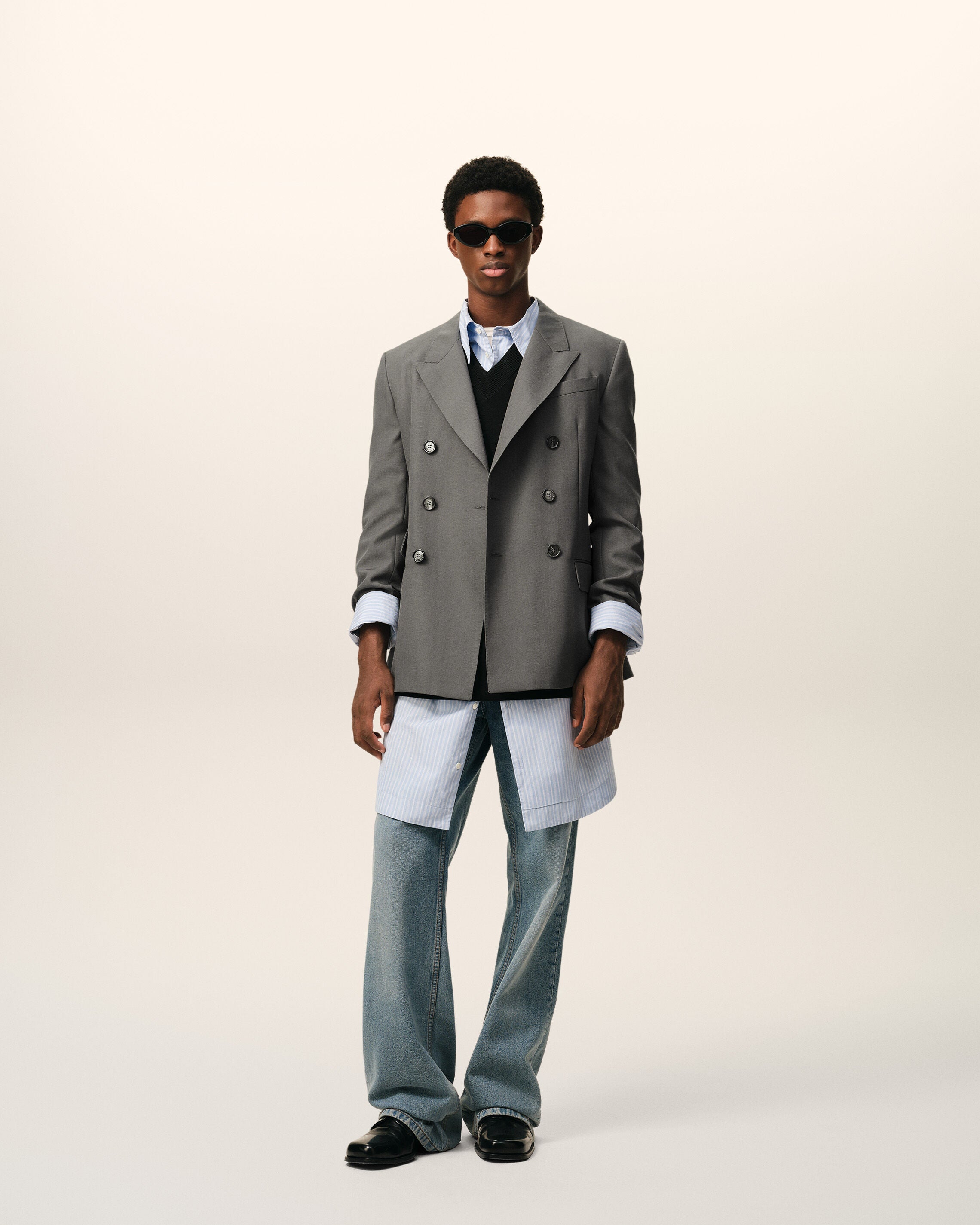 CARBON Grey New Wool Double Breasted Straight Jacket | Ami Paris