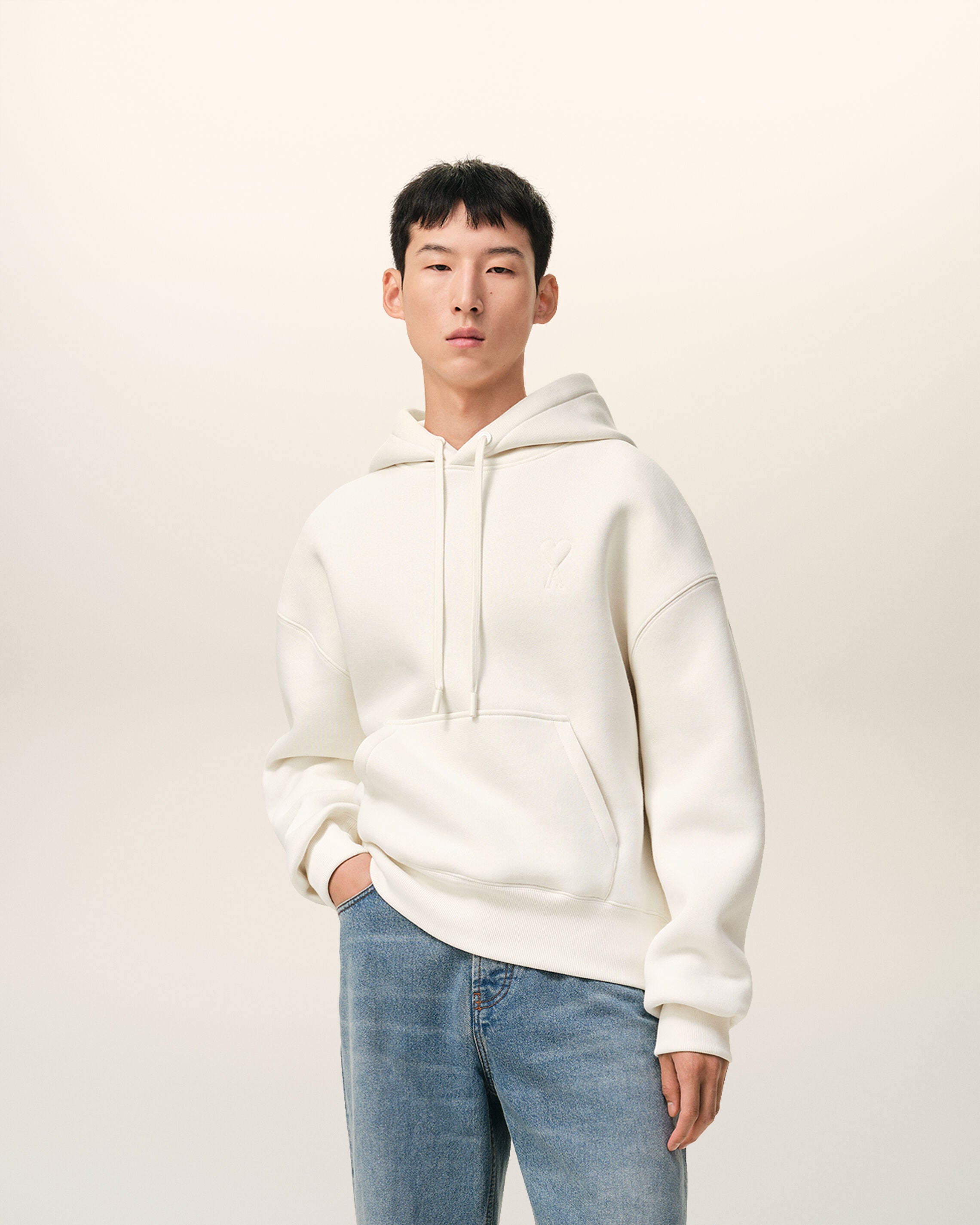 WHITE CREAM White Cotton Embossed Ami De Coeur Hoodie | Ami Paris