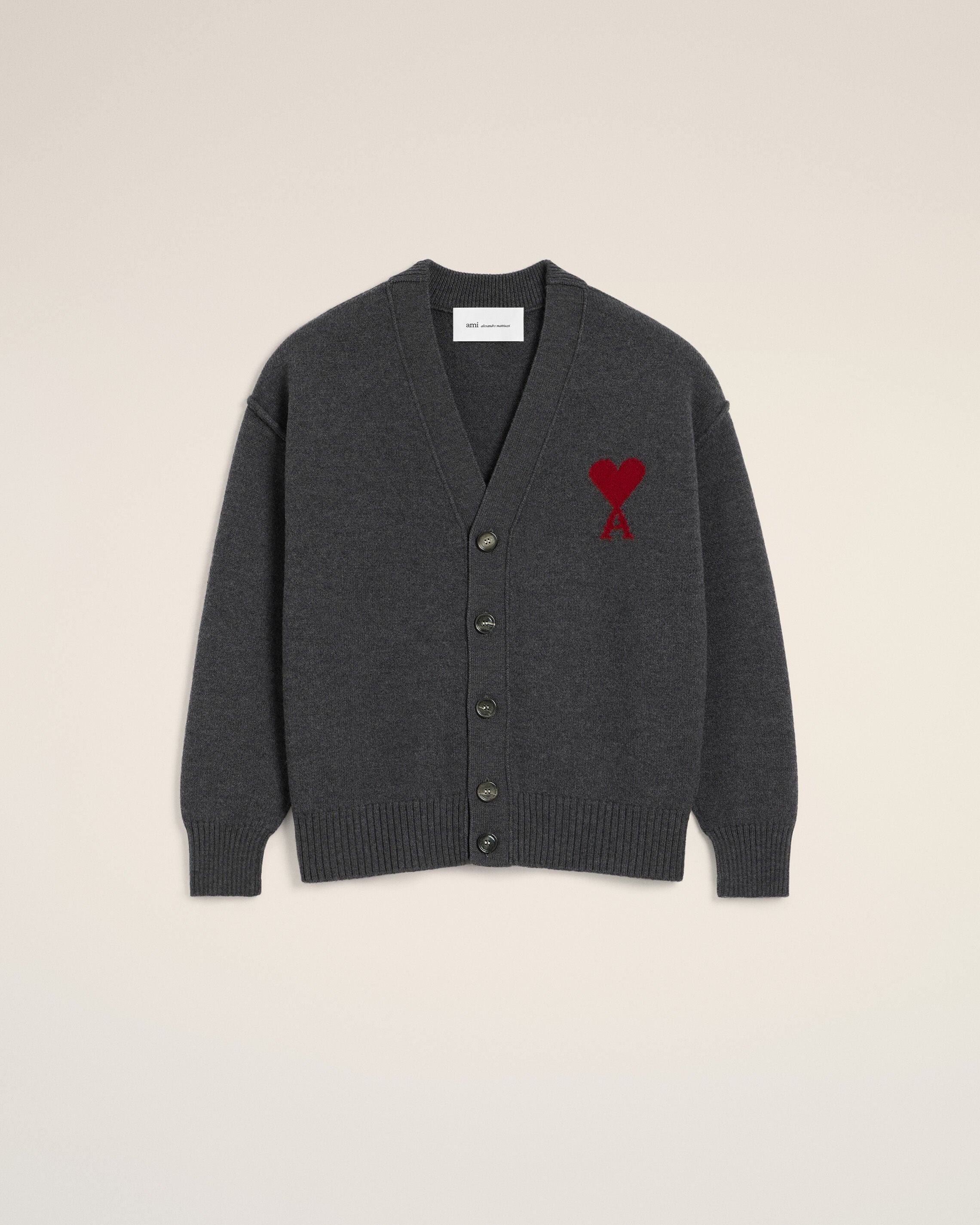 HEATHER GREY/RED Grey Wool Ami De Coeur Cardigan | AMI PARIS