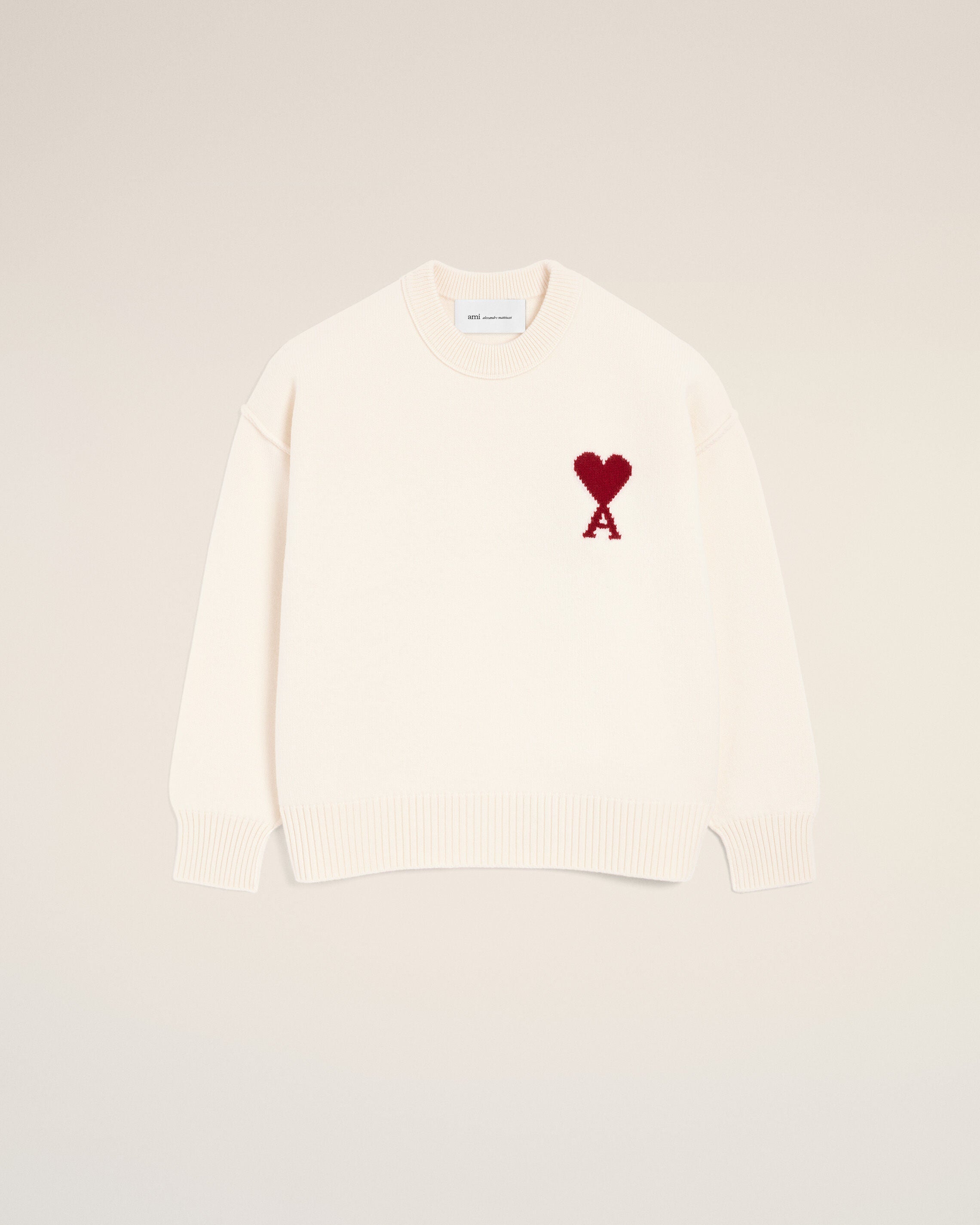 OFF WHITE/ RED White Wool Ami De Coeur Crewneck Sweater | AMI PARIS