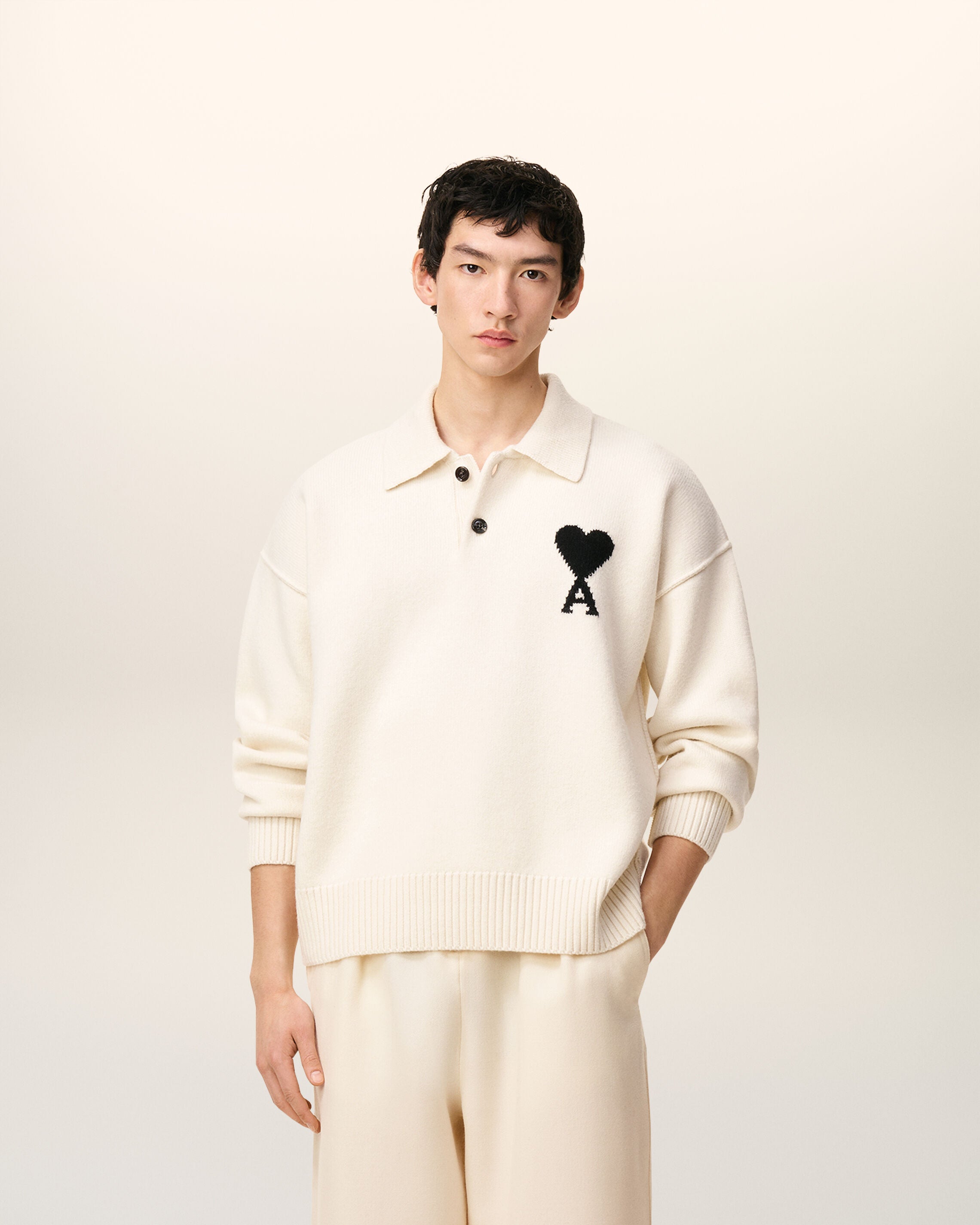 OFFWHITE/BLACK White Wool Ami De Coeur Polo | AMI PARIS