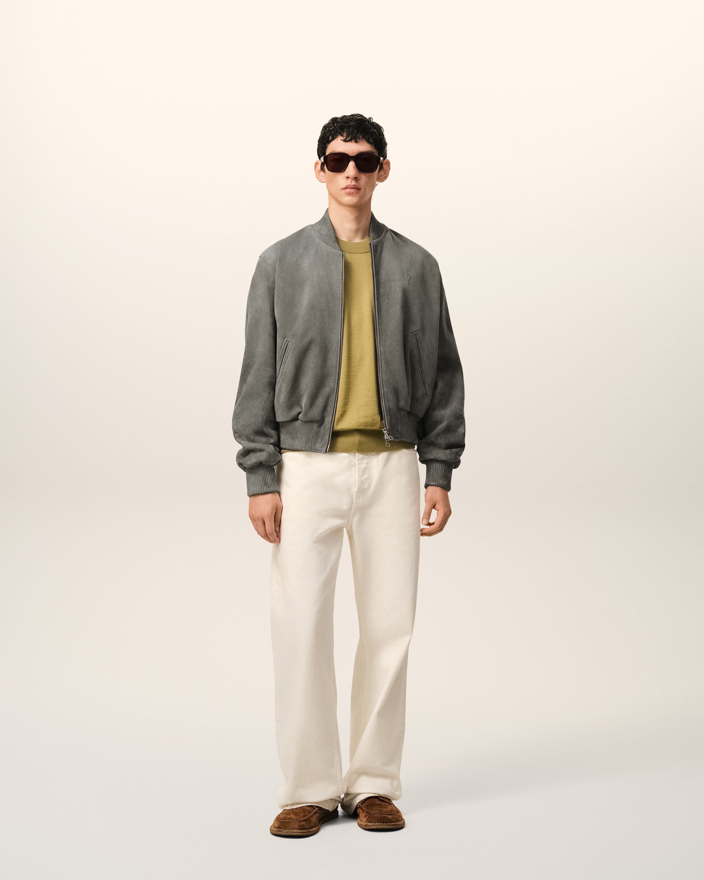 CARBON Grey Goat Leather Ami De Coeur Zipped Jacket | Ami Paris