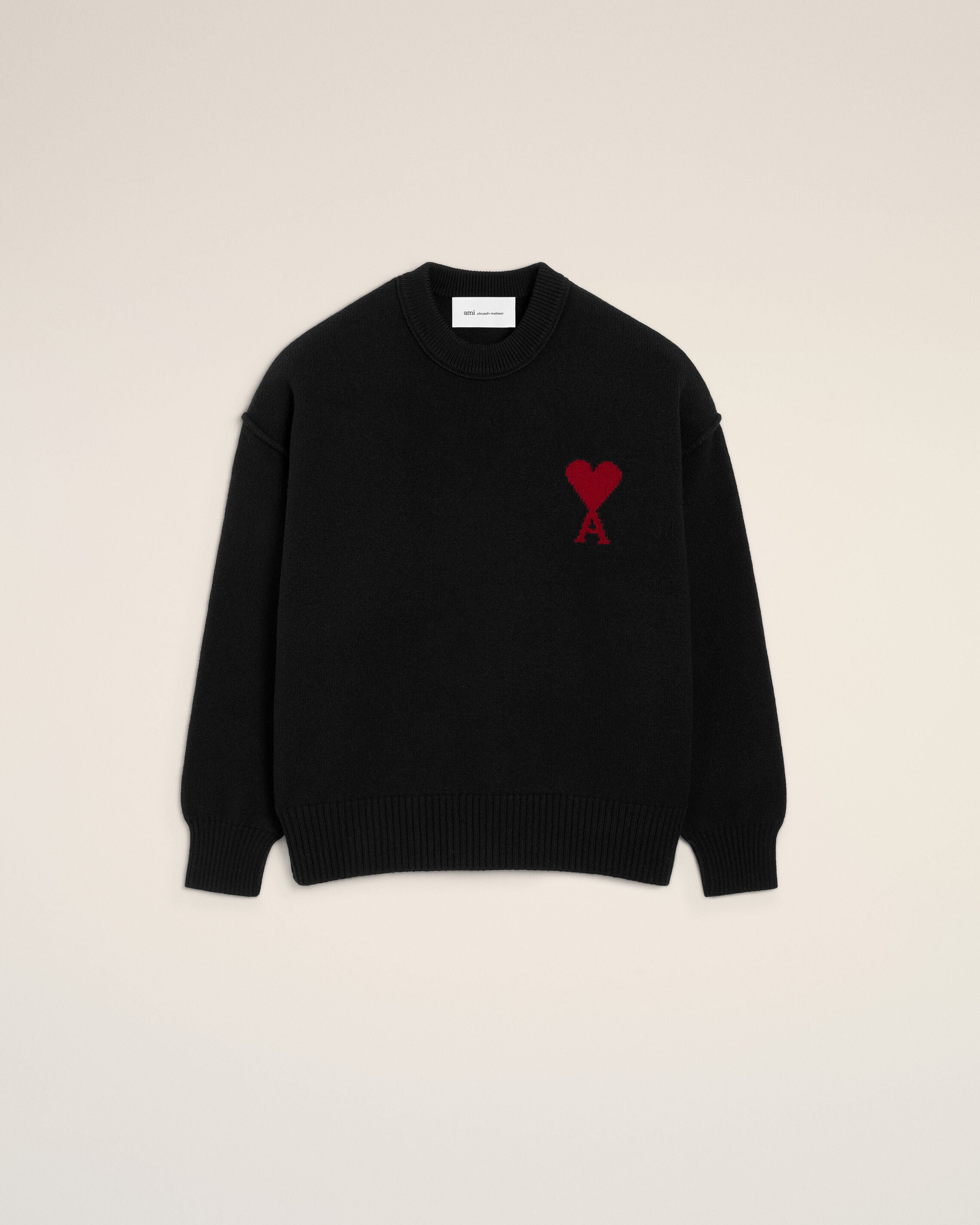 BLACK/RED Black Wool Ami De Coeur Crewneck Sweater | AMI PARIS