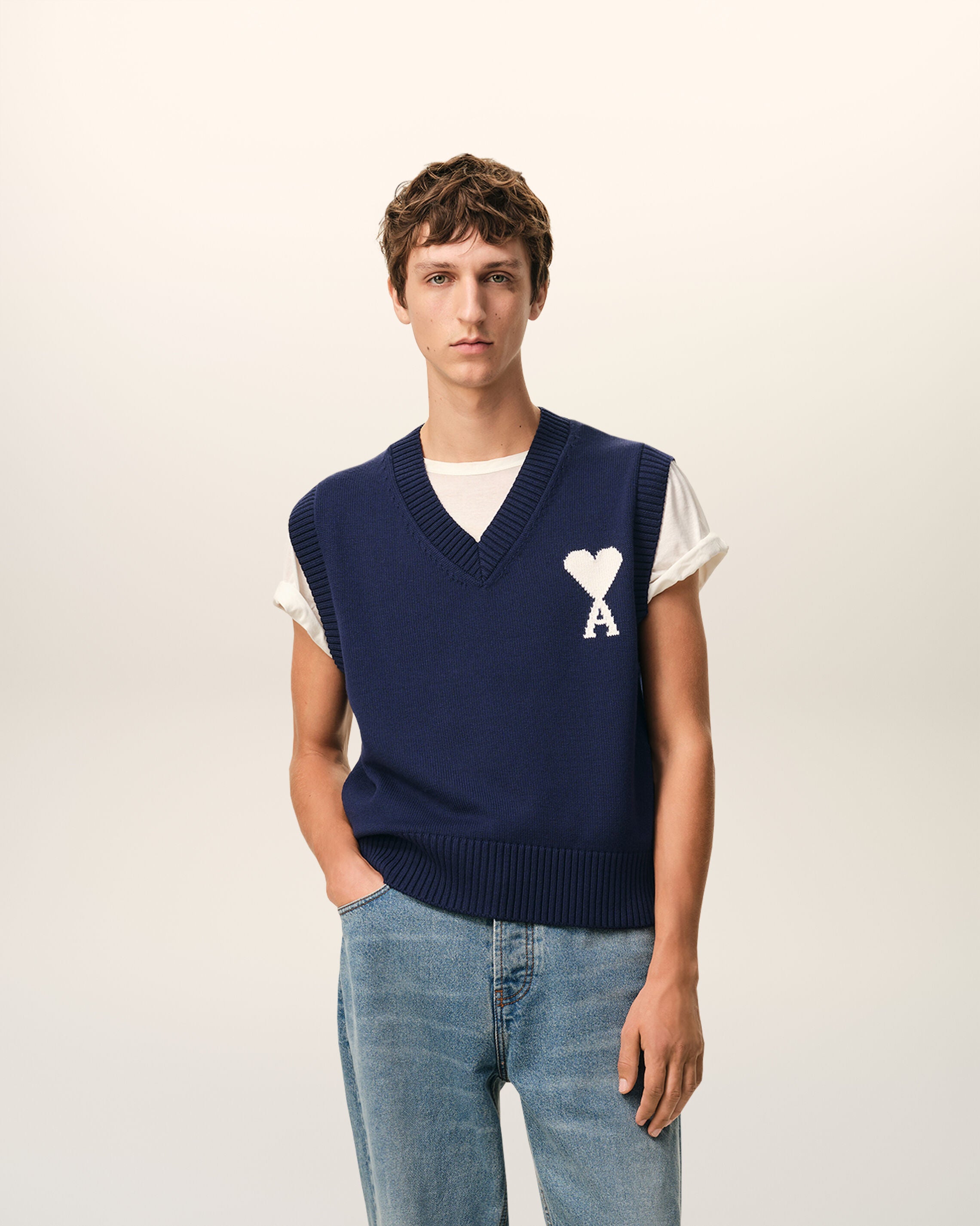 INK/OFF WHITE Blue Wool And Cotton Sleeveless Ami De Coeur Sweater | Ami Paris