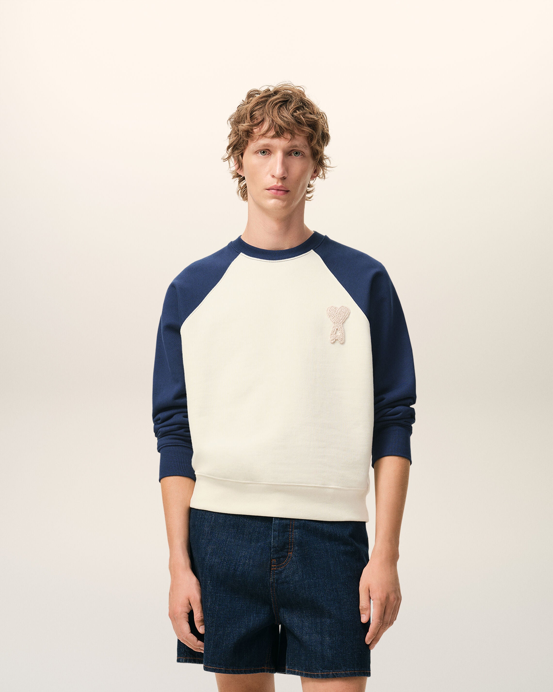 WHITE CREAM/INK White And Blue Cotton Knitted Ami De Coeur Sweatshirt | Ami Paris