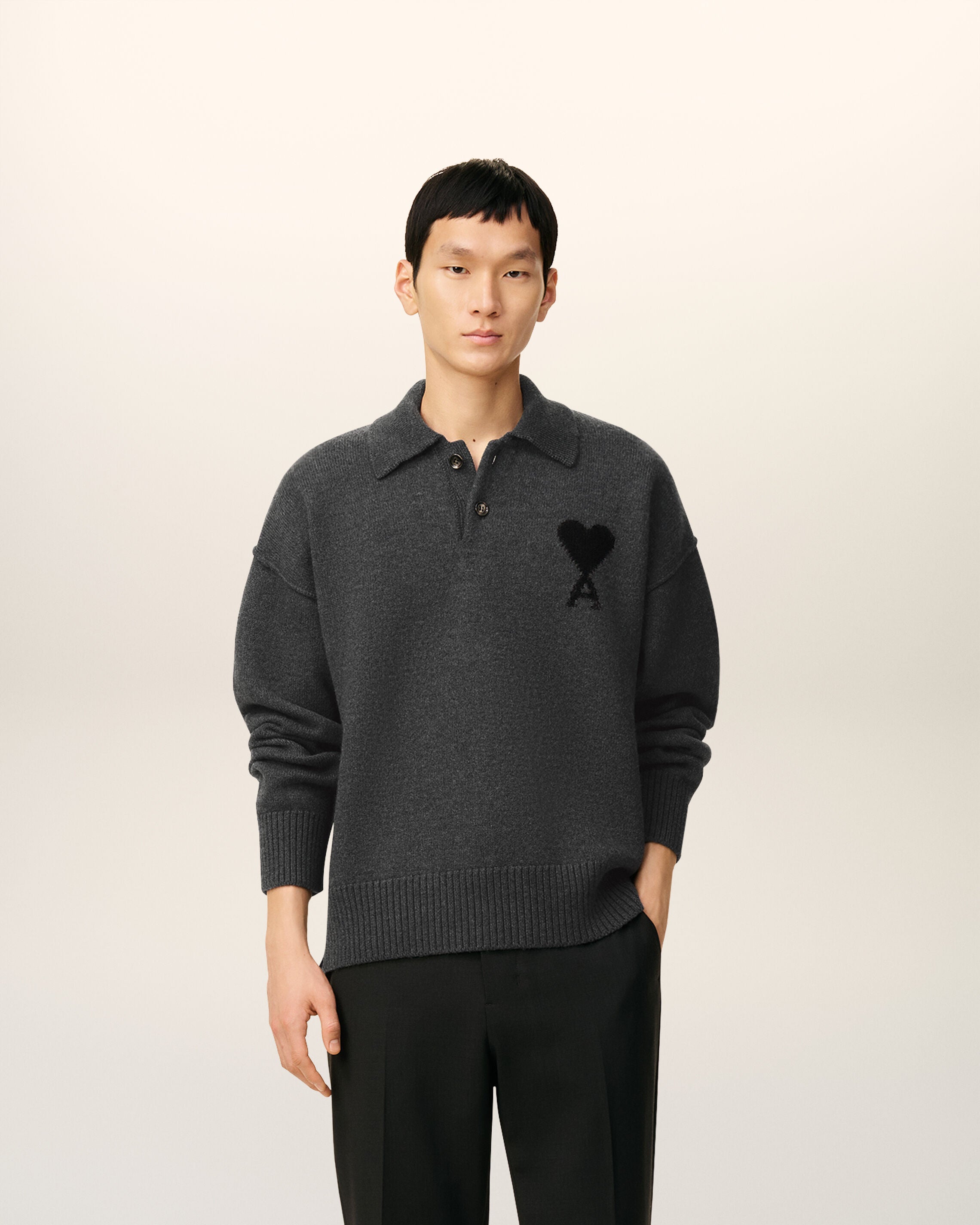 HEATHER GREY / BLACK Grey Wool Ami De Coeur Polo | AMI PARIS