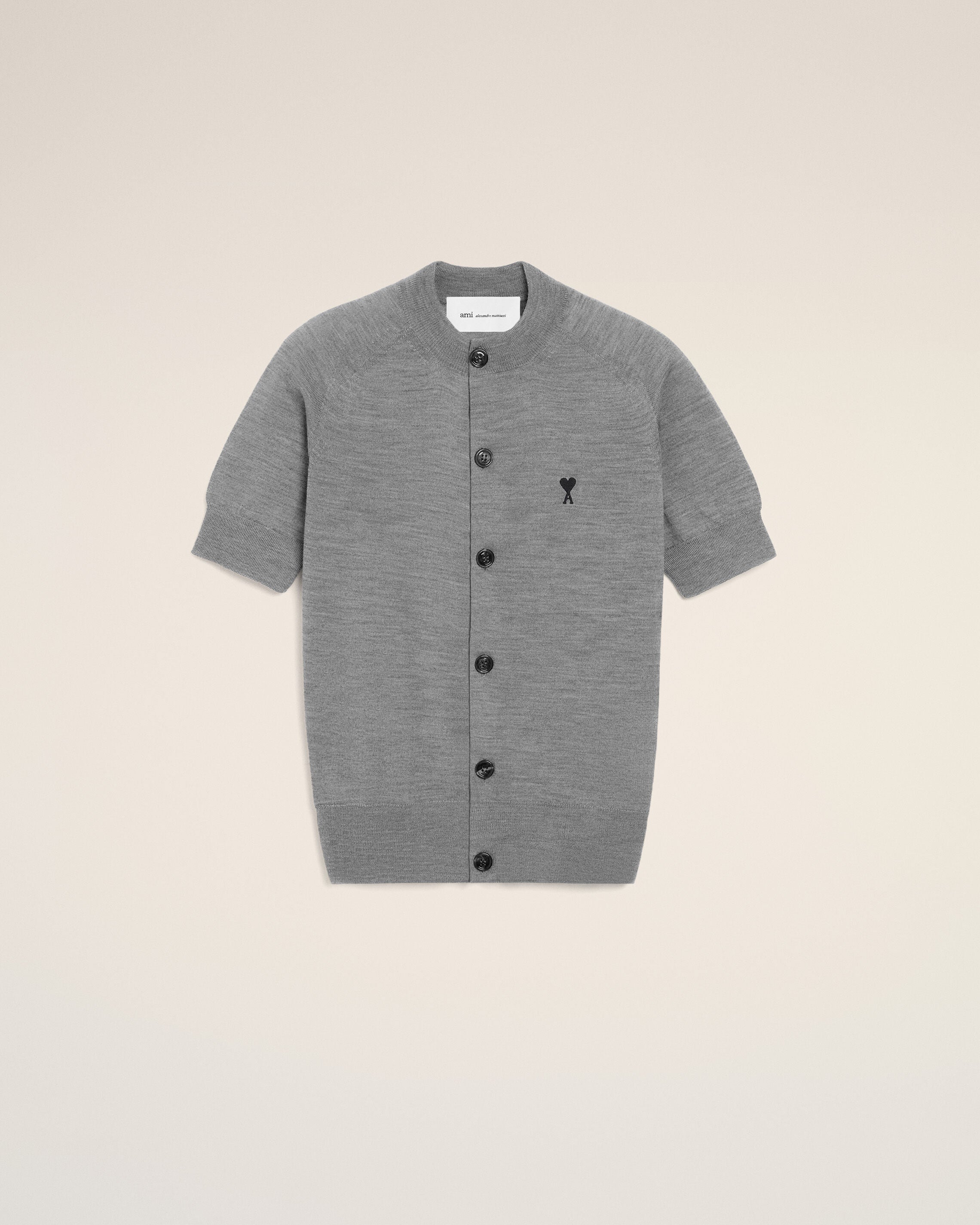 HEATHER GREY / BLACK Grey Wool Short Sleeves Ami De Coeur Cardigan | Ami Paris