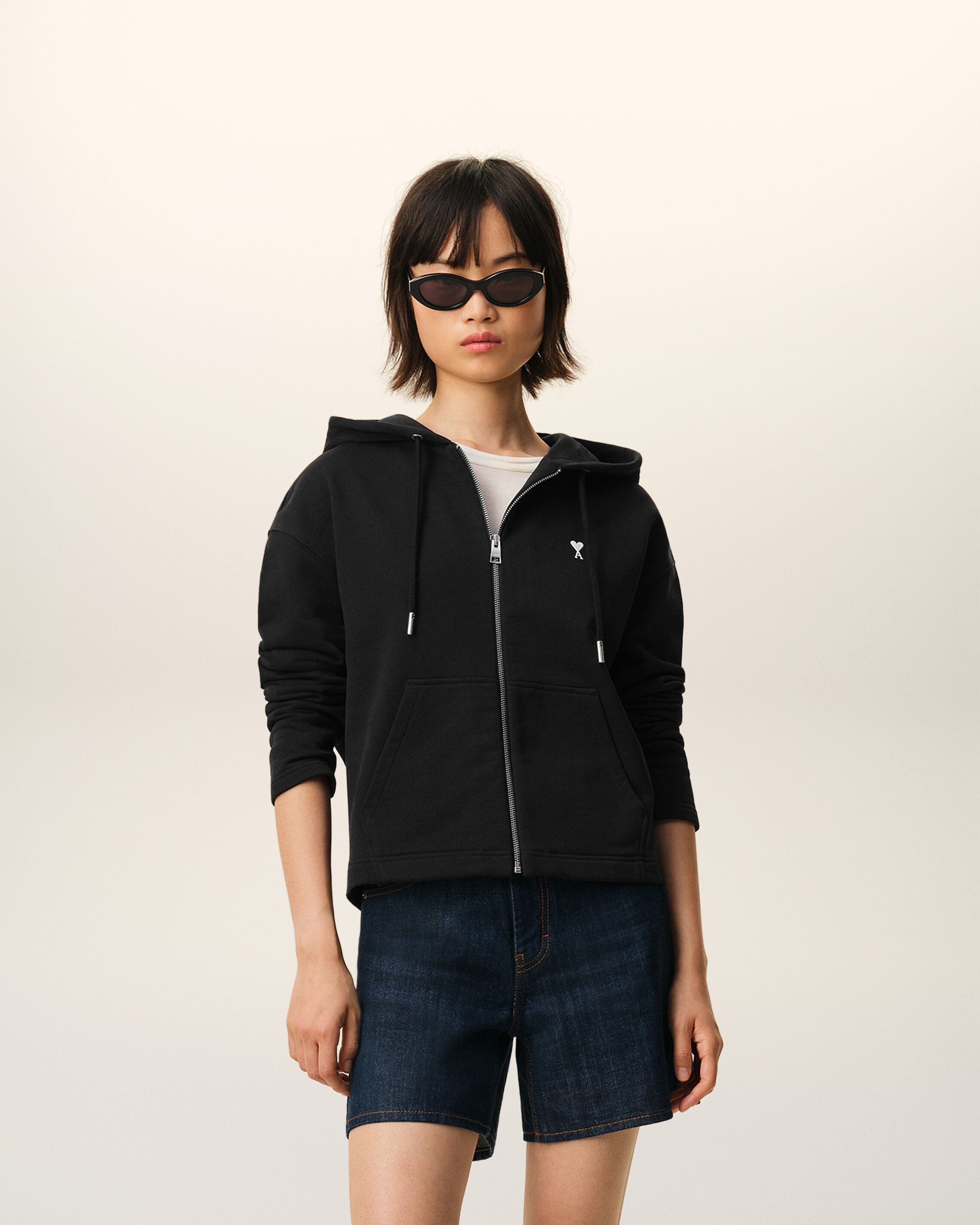 BLACK/WHITE CREAM Black Cotton Ami De Coeur Zipped Hoodie | Ami Paris