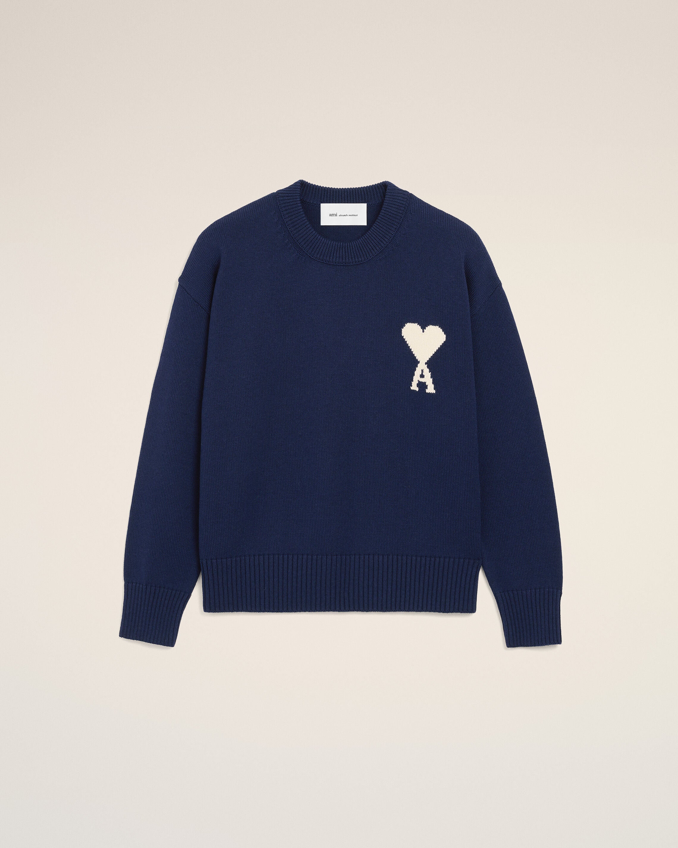 INK/OFF WHITE Blue Wool And Cotton Crewneck Ami De Coeur Sweater | Ami Paris