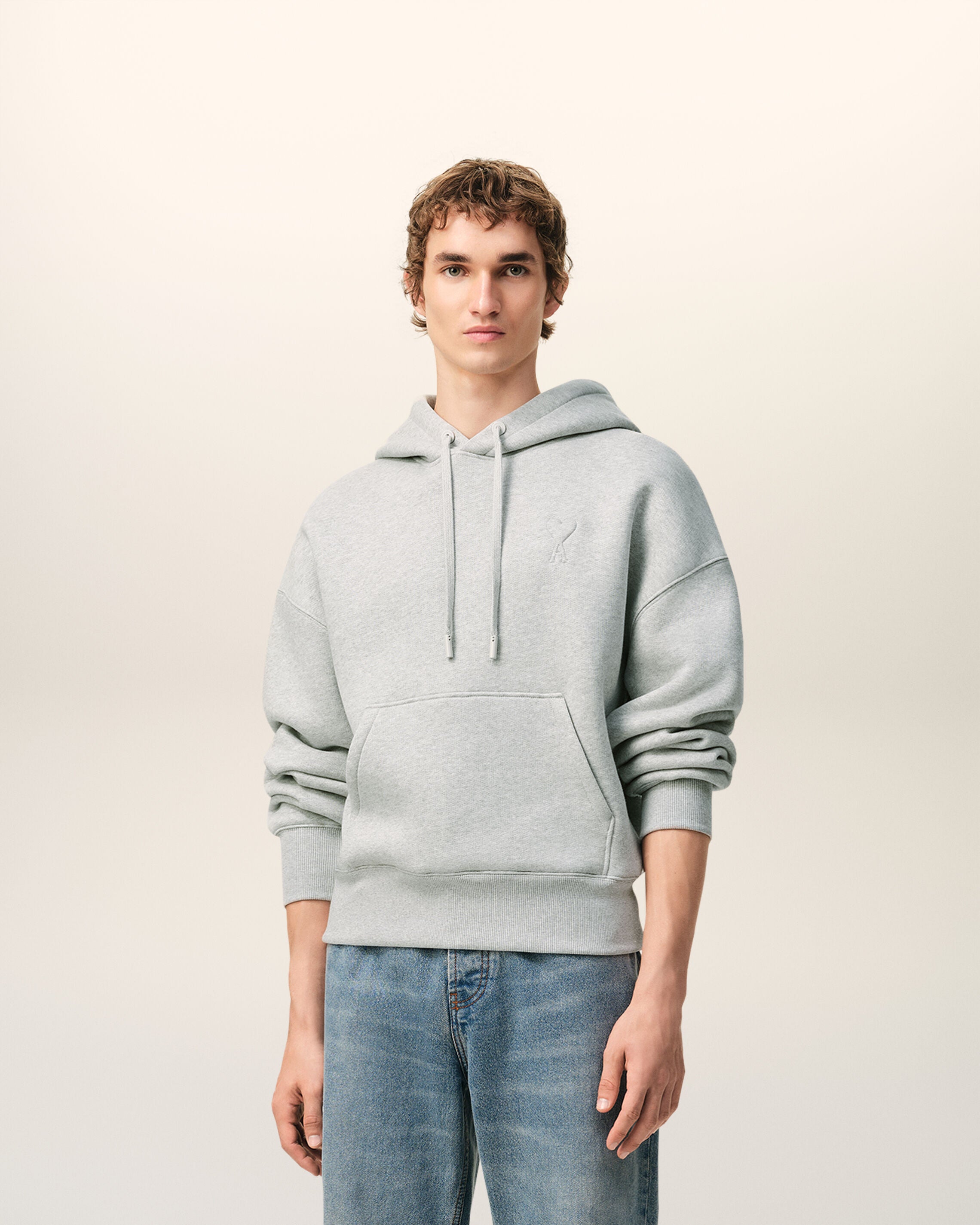 HEATHER ASH GREY Grey Cotton Embossed Ami De Coeur Hoodie | Ami Paris