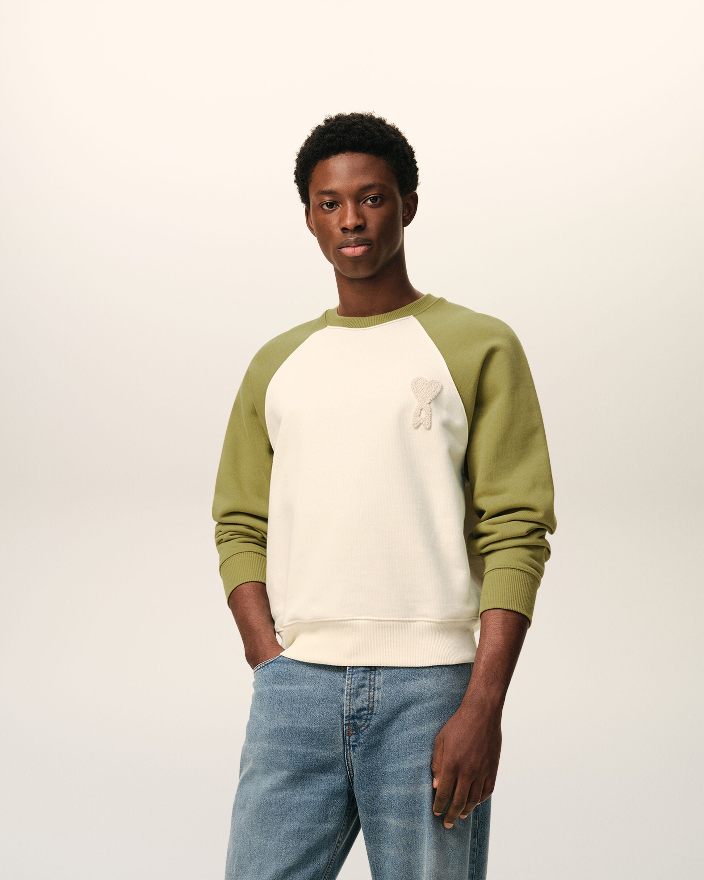 WHITE CREAM/MATCHA White And Green Cotton Knitted Ami De Coeur Sweatshirt | Ami Paris