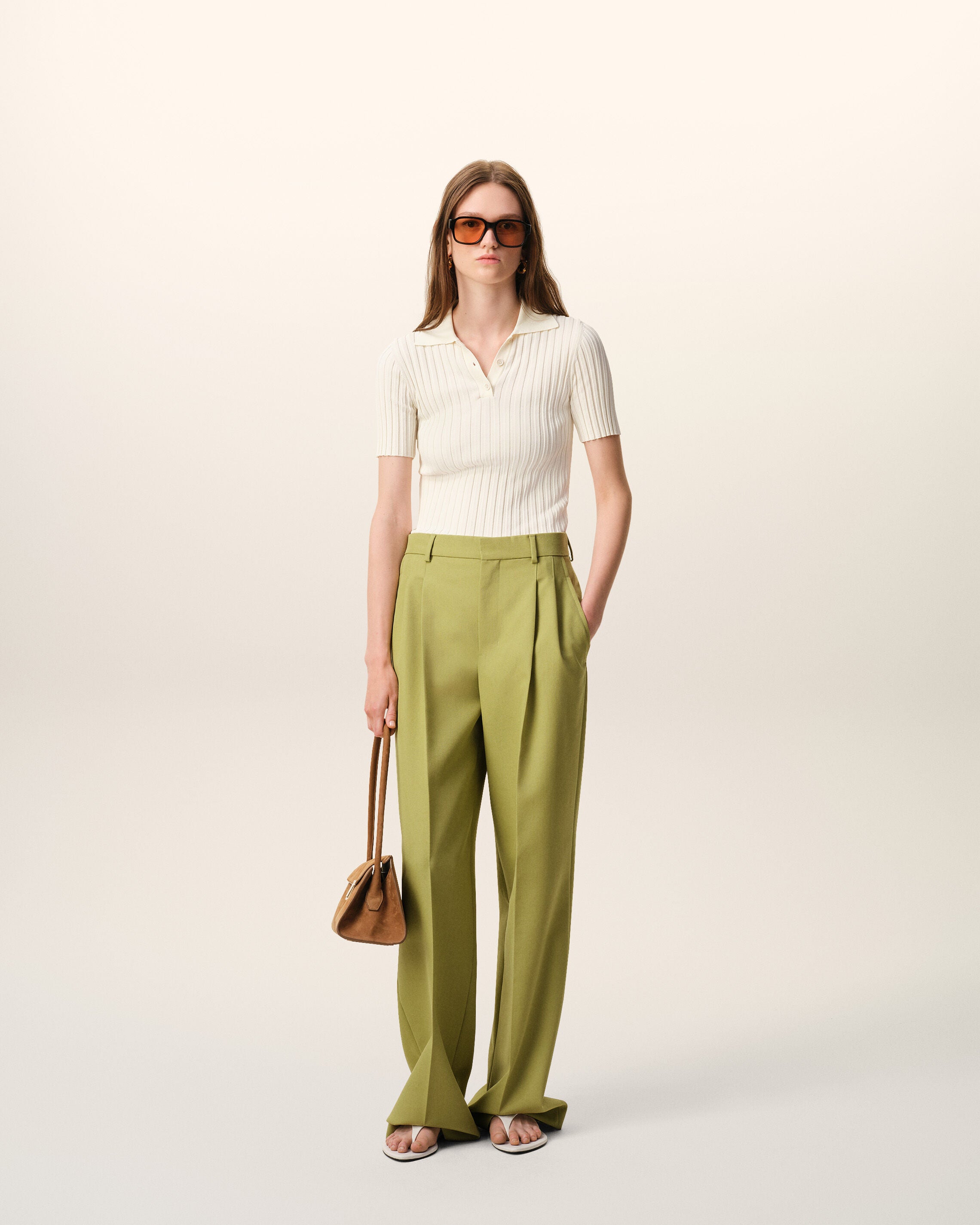 MATCHA Green New Wool Low Waist Wide Trousers | Ami Paris