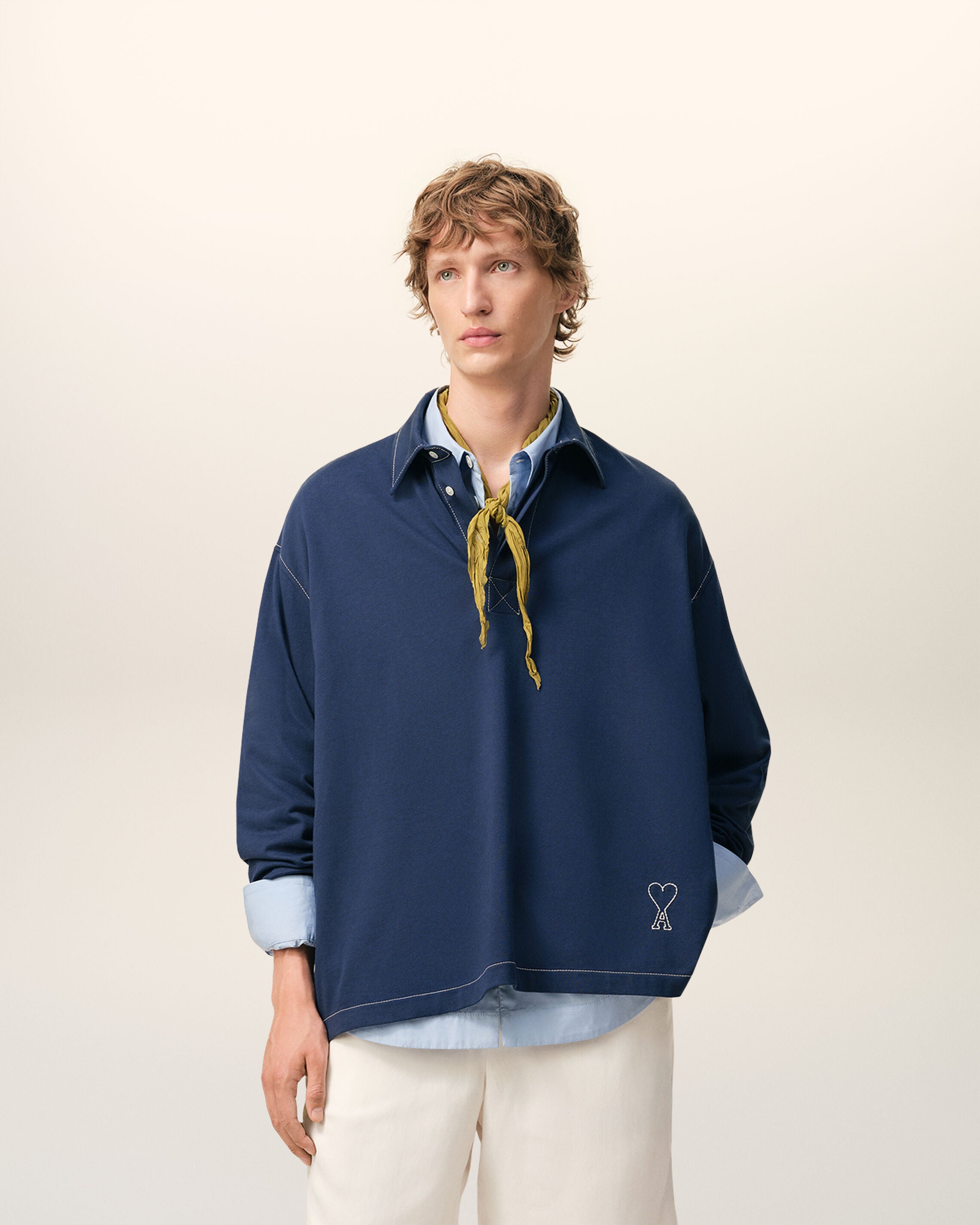 INK Blue Cotton Long Sleeves Ami De Coeur Polo | Ami Paris