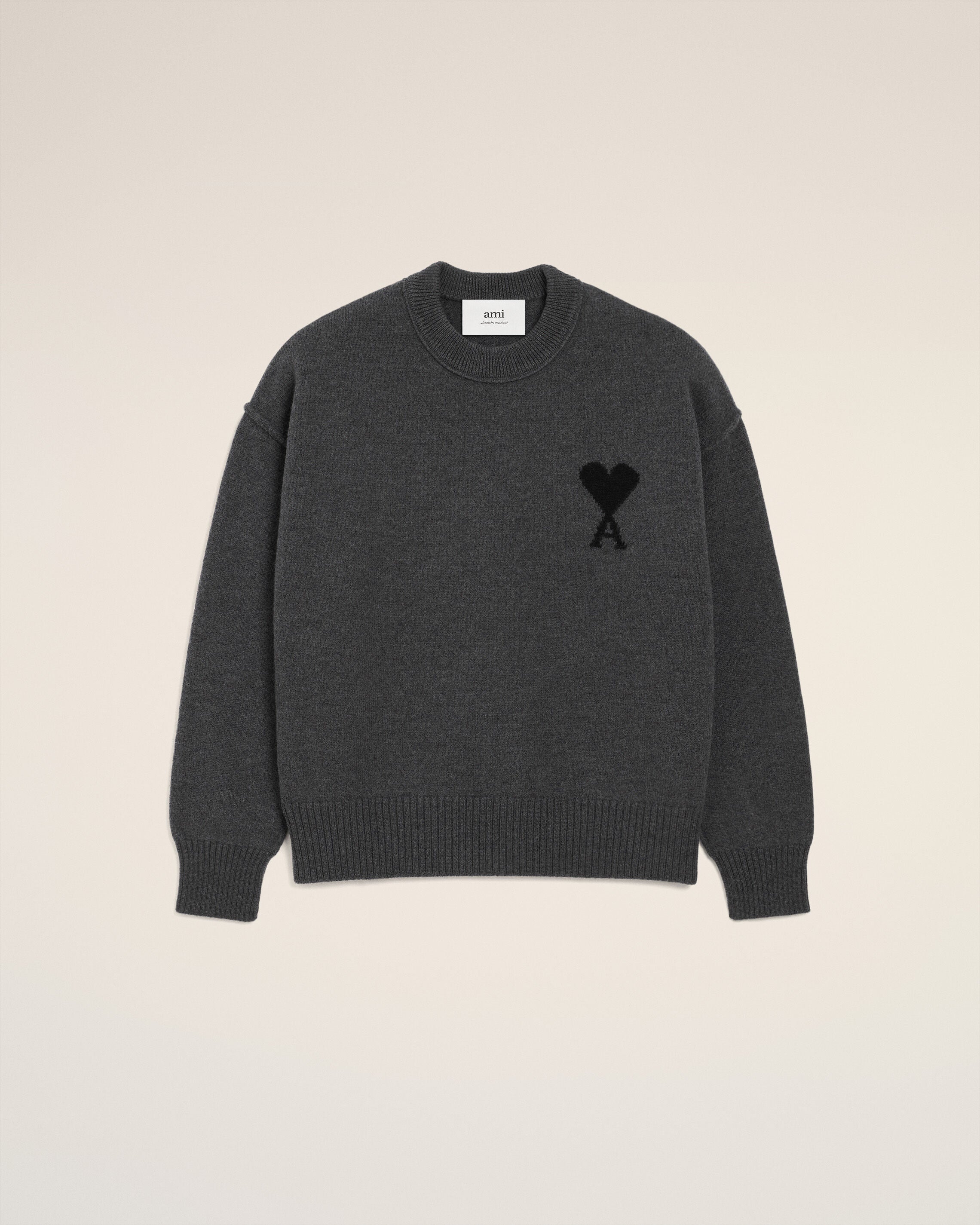 HEATHER GREY / BLACK Grey Wool Ami De Coeur Crewneck Sweater | AMI PARIS