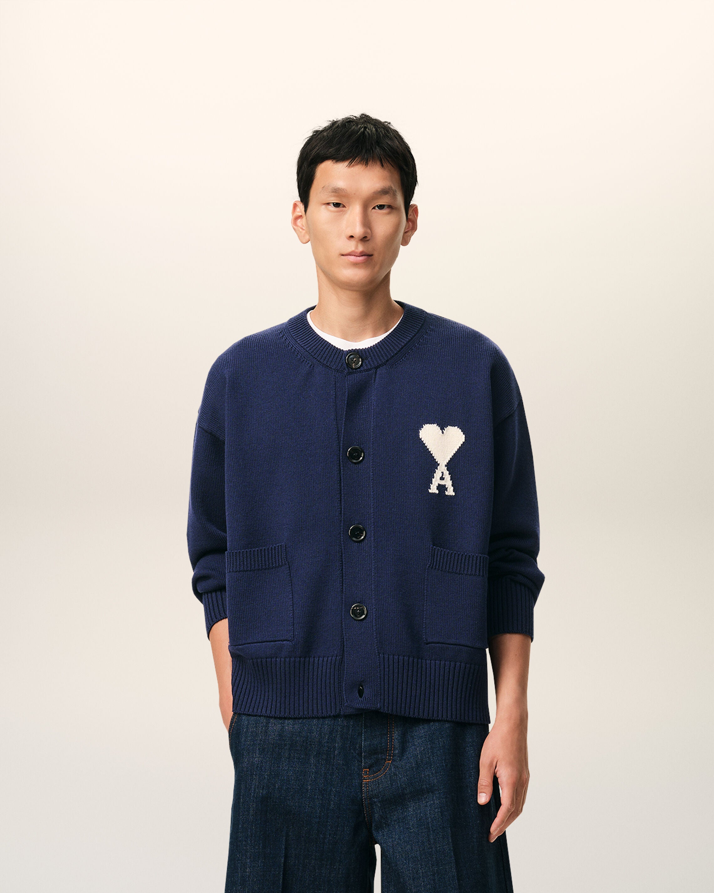 INK/OFF WHITE Blue Wool Crewneck Ami De Coeur Cardigan | Ami Paris