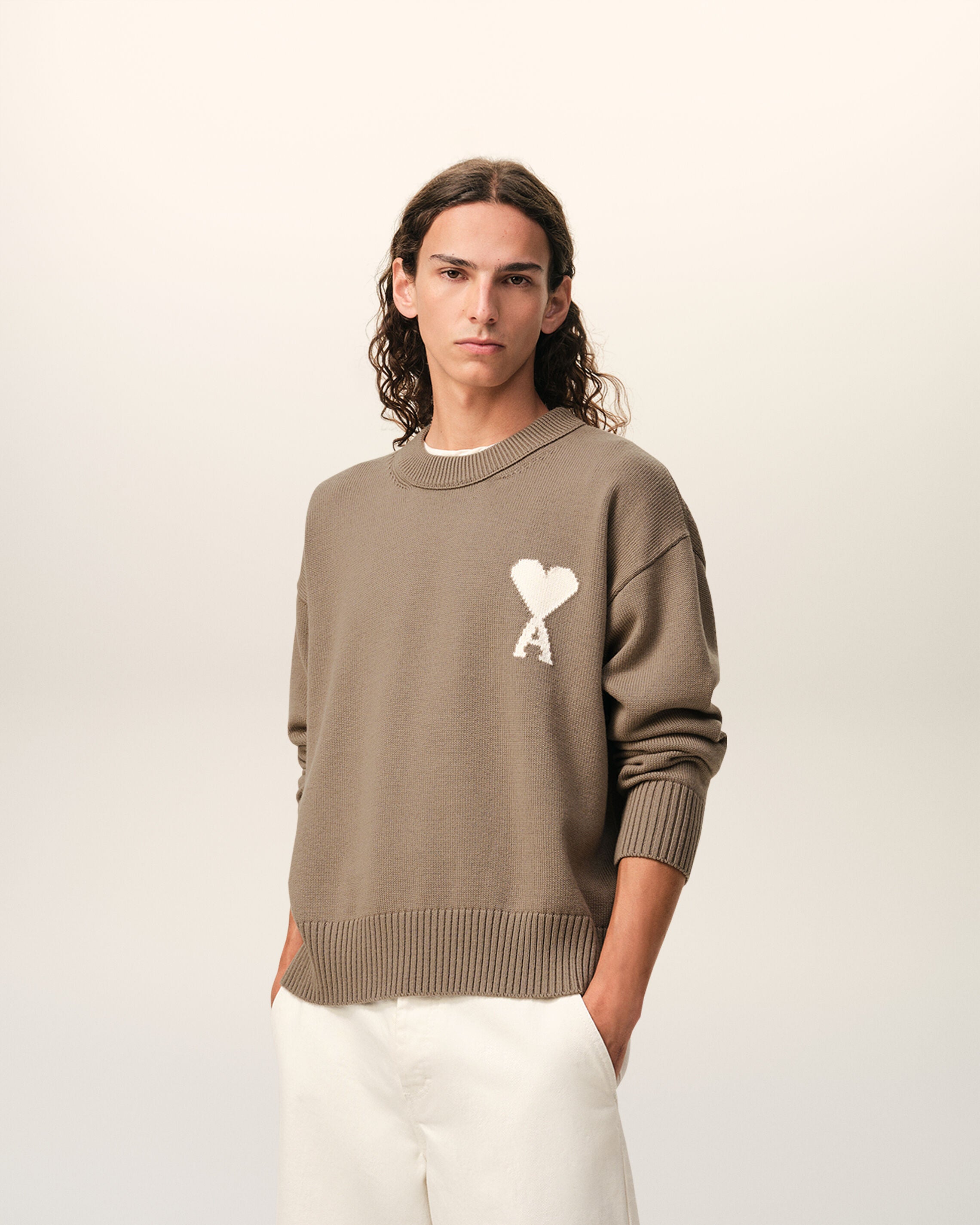 TAUPE BEIGE/OFF WHITE Beige Wool And Cotton Crewneck Ami De Coeur Sweater | Ami Paris