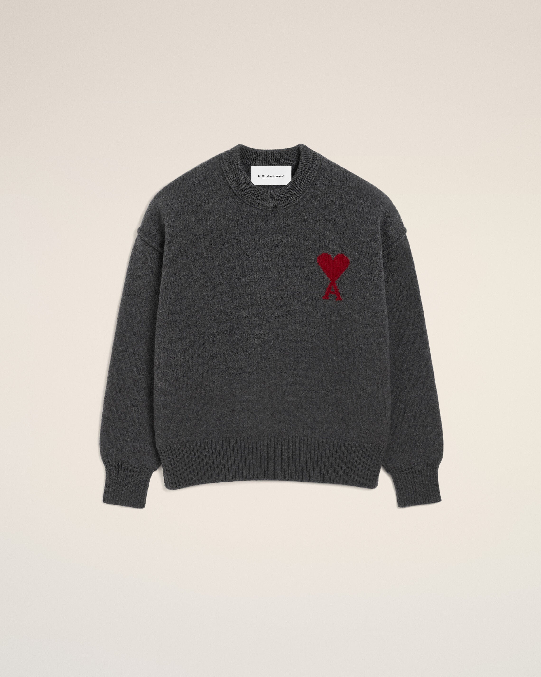 HEATHER GREY/RED Grey Wool Ami De Coeur Crewneck Sweater | AMI PARIS