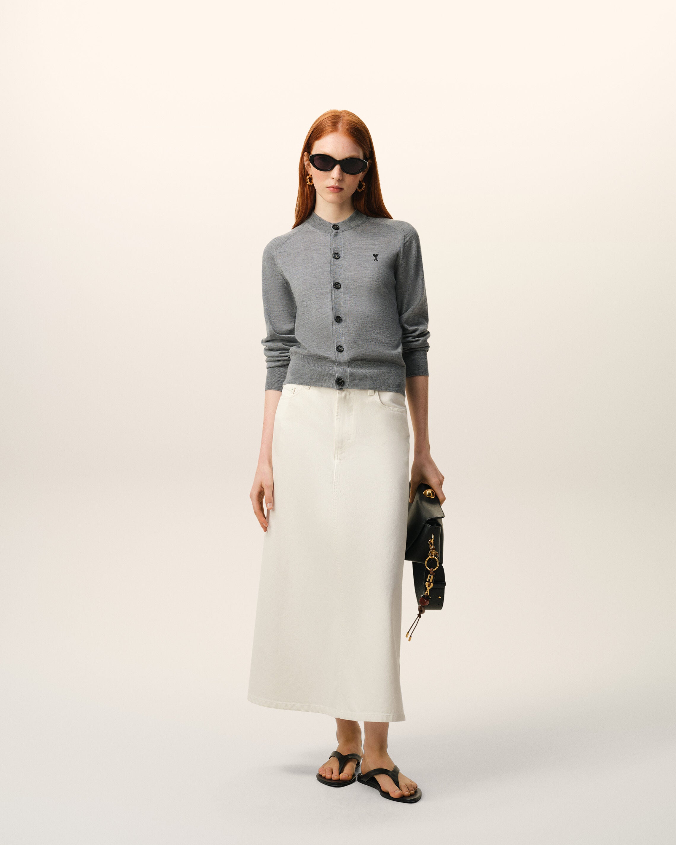 HEATHER GREY / BLACK Grey Wool Crewneck Ami De Coeur Cardigan | Ami Paris