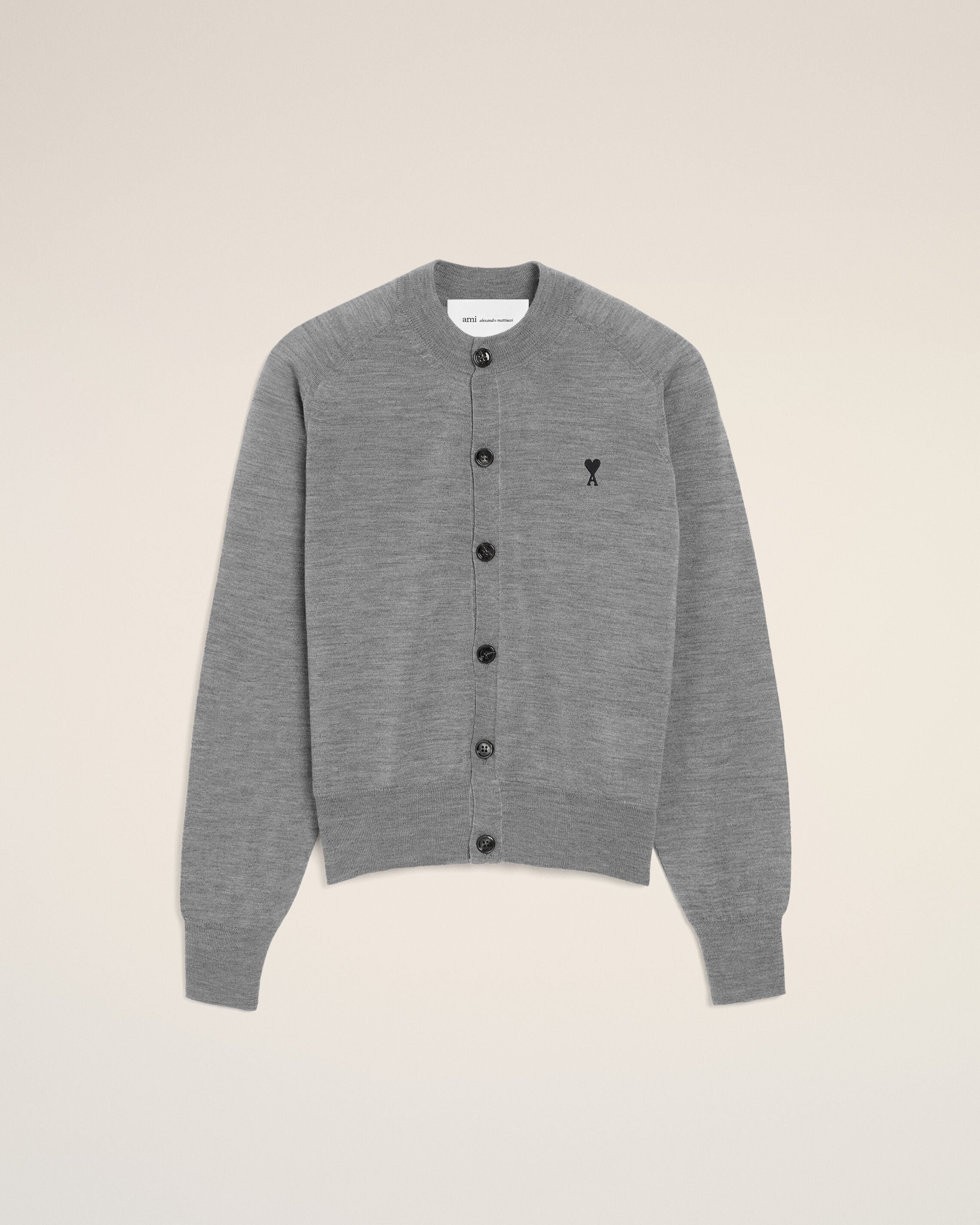HEATHER GREY / BLACK Grey Wool Crewneck Ami De Coeur Cardigan | Ami Paris