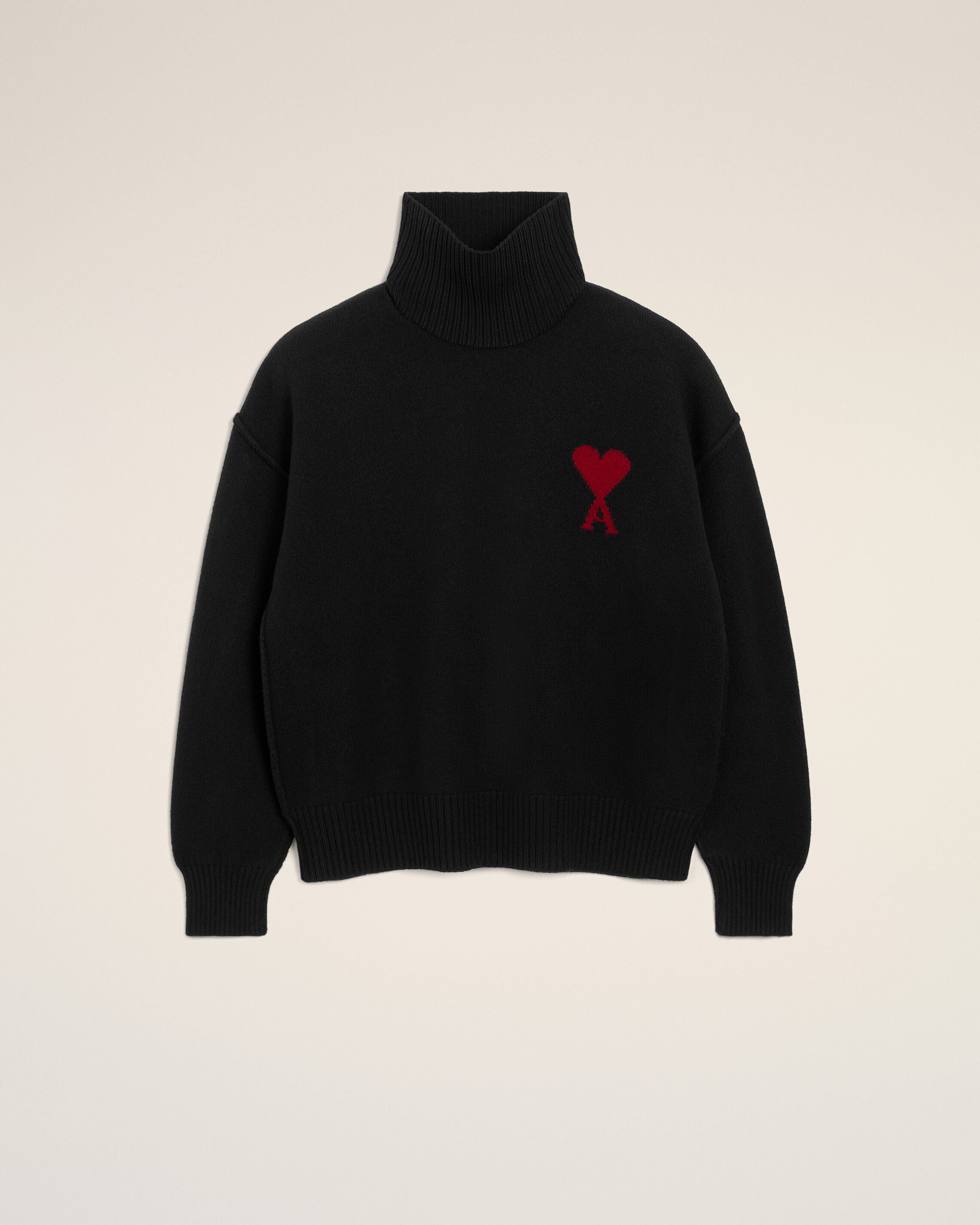 BLACK/RED Black Wool Ami De Coeur Funnel Neck Sweater | AMI PARIS